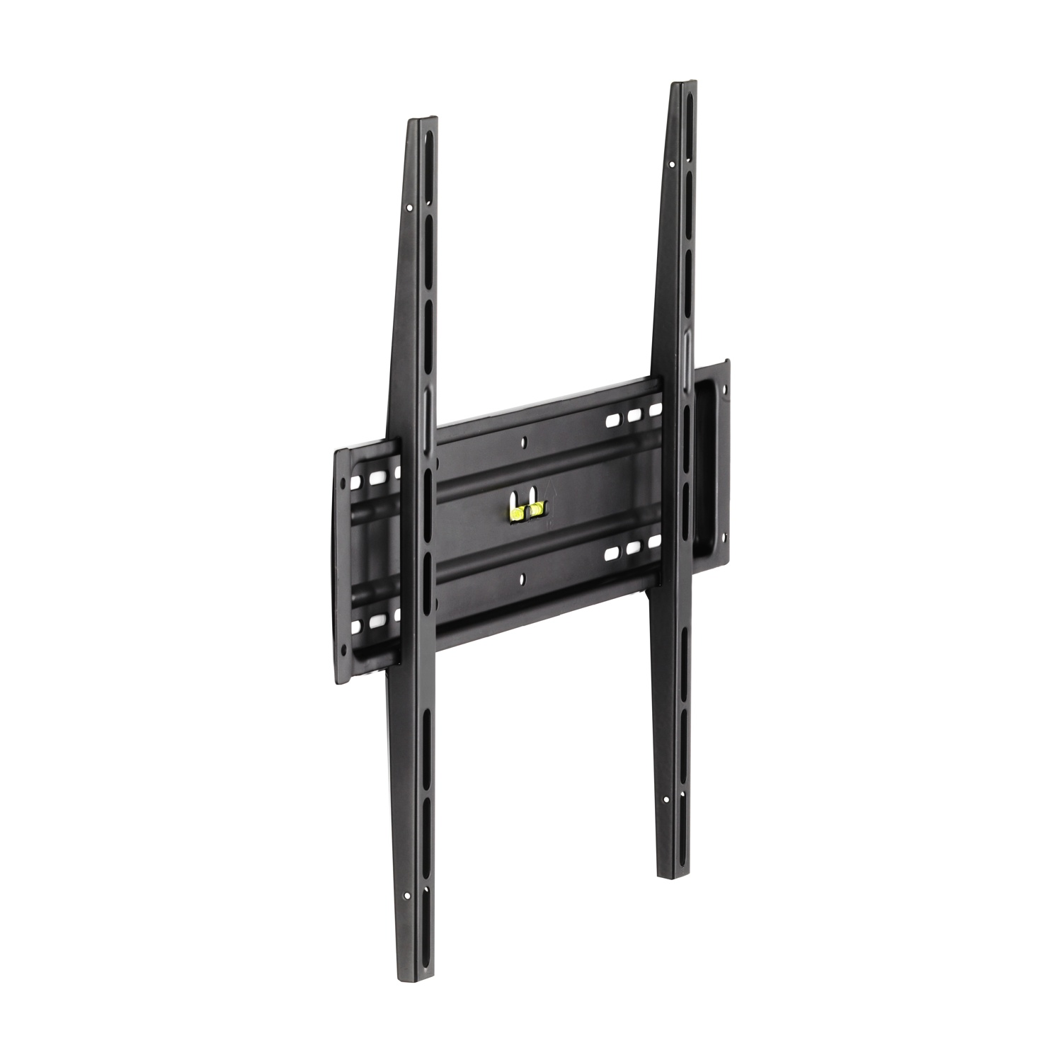 Supporto da parete nero per TV a schermo piatto con bracci regolabili.