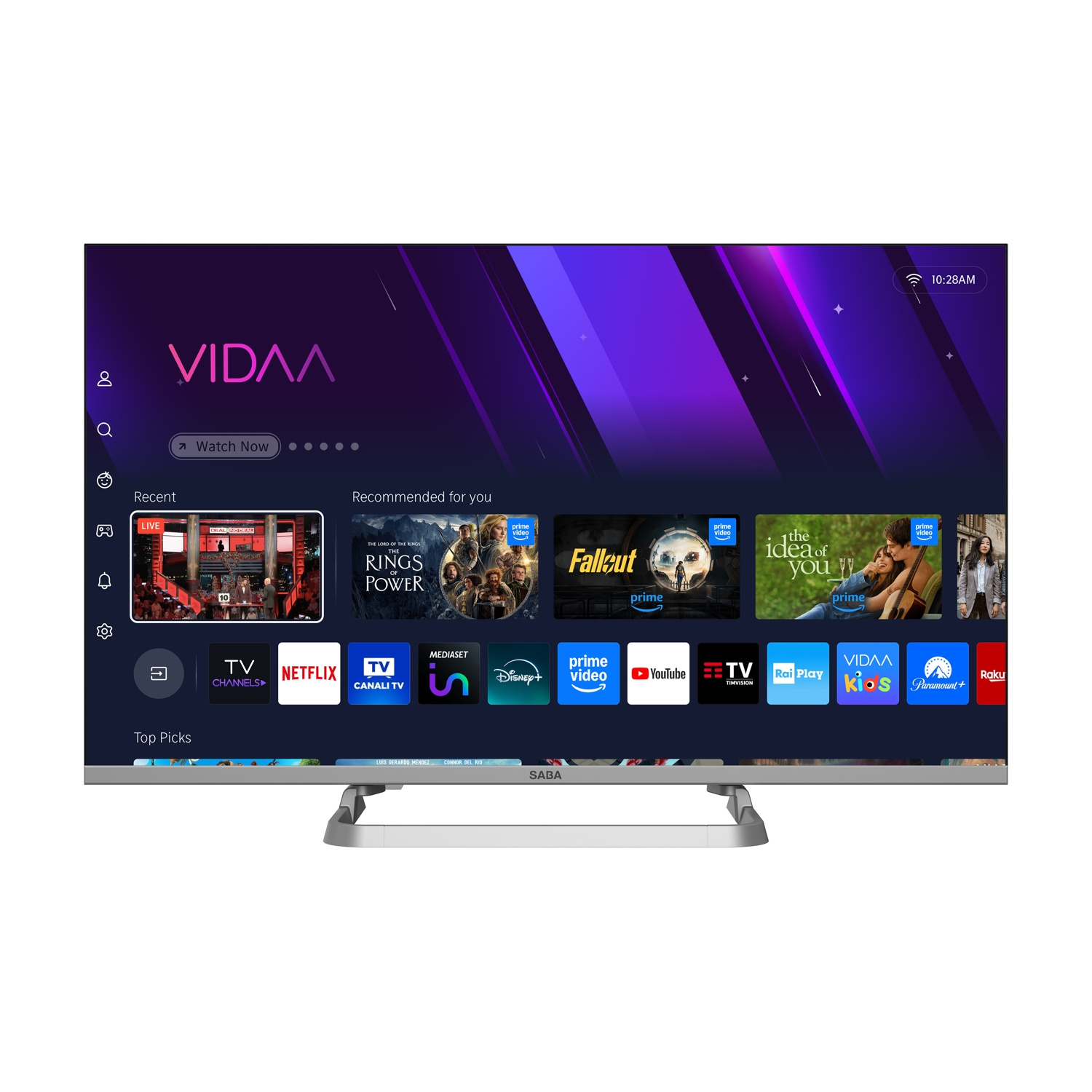 Una TV moderna con interfaccia VIDAA, che mostra app come Netflix, Prime Video e YouTube.