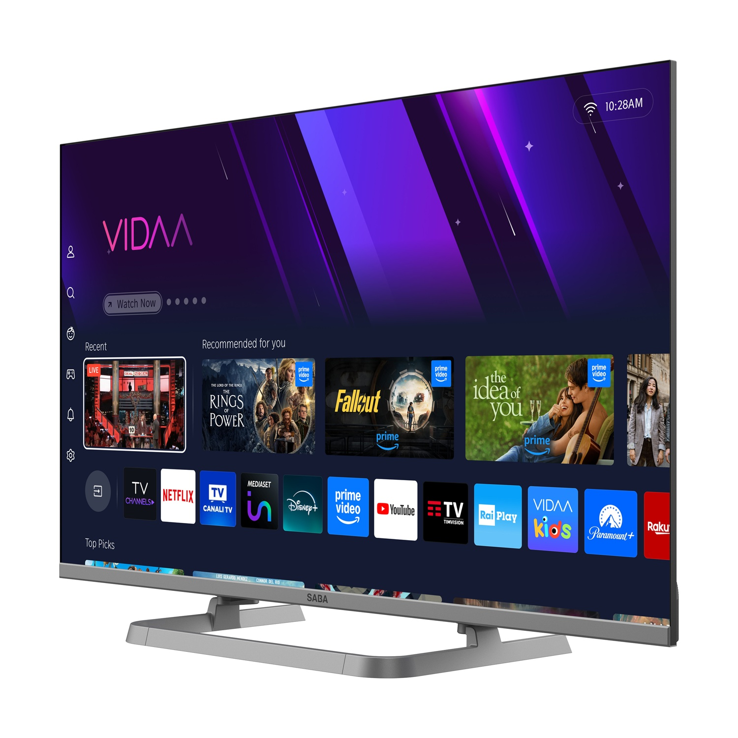 Una TV moderna con interfaccia VIDAA, mostra app come Netflix, Prime Video, Disney+.