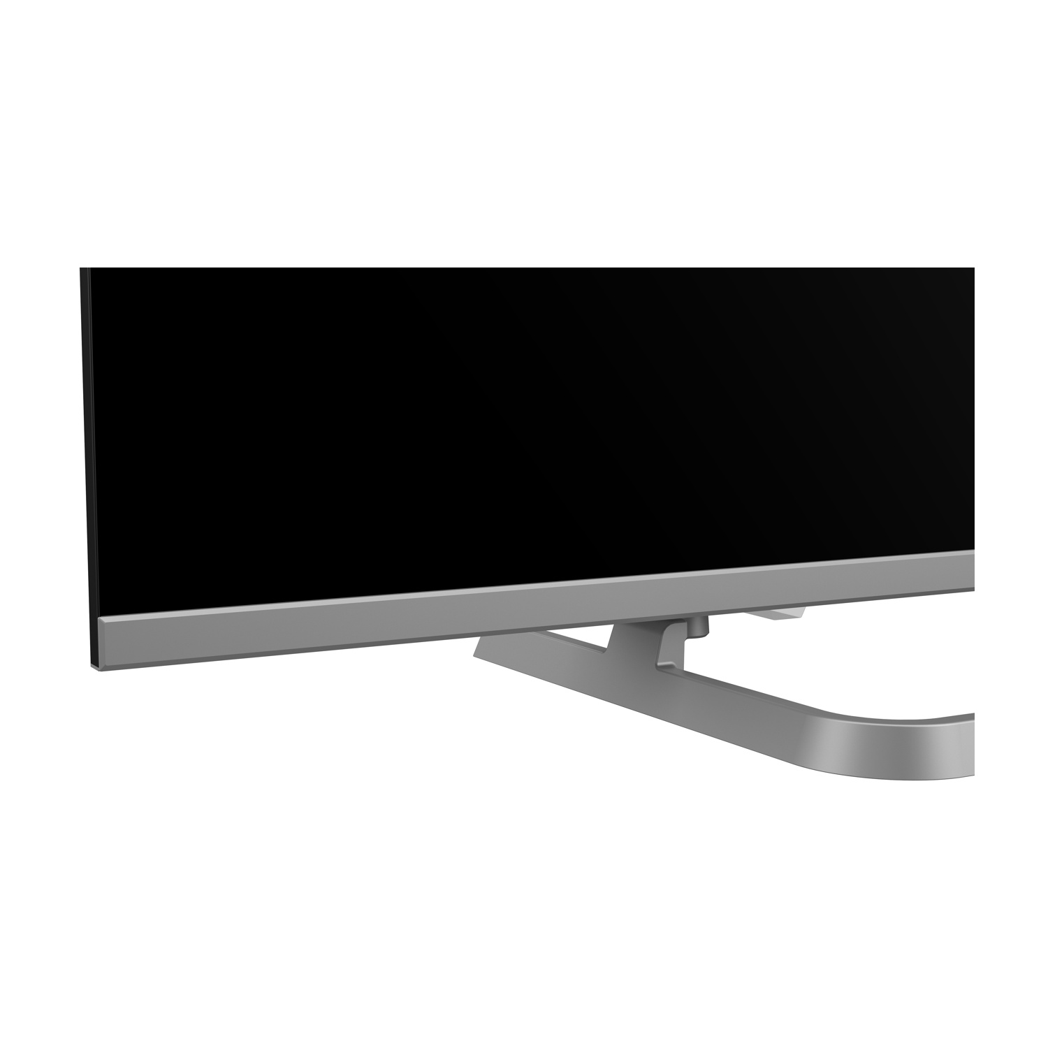 Un televisore moderno con cornice argentata sottile e un elegante supporto.