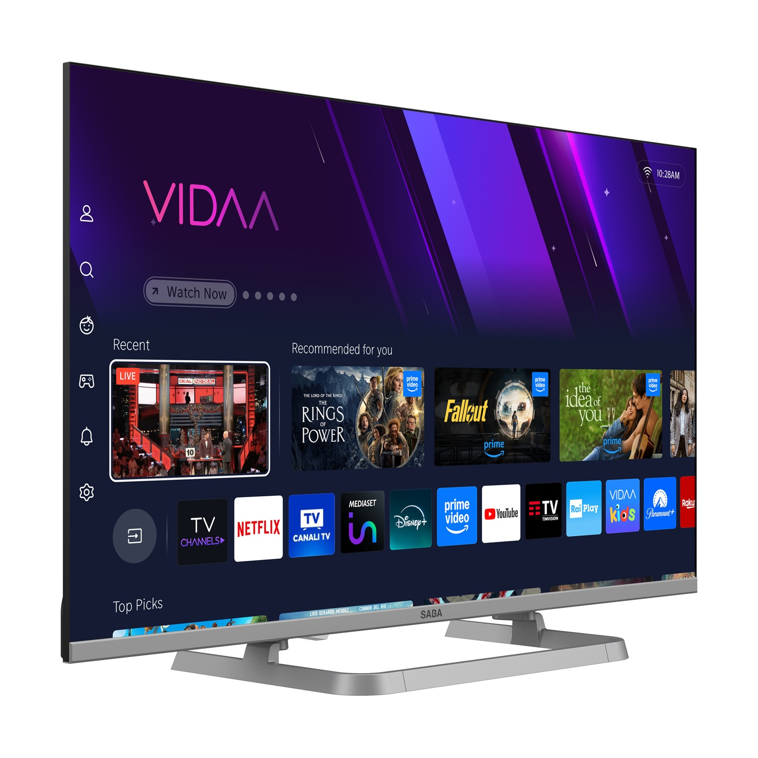 Un televisore moderno che mostra un'interfaccia Smart TV con varie app.