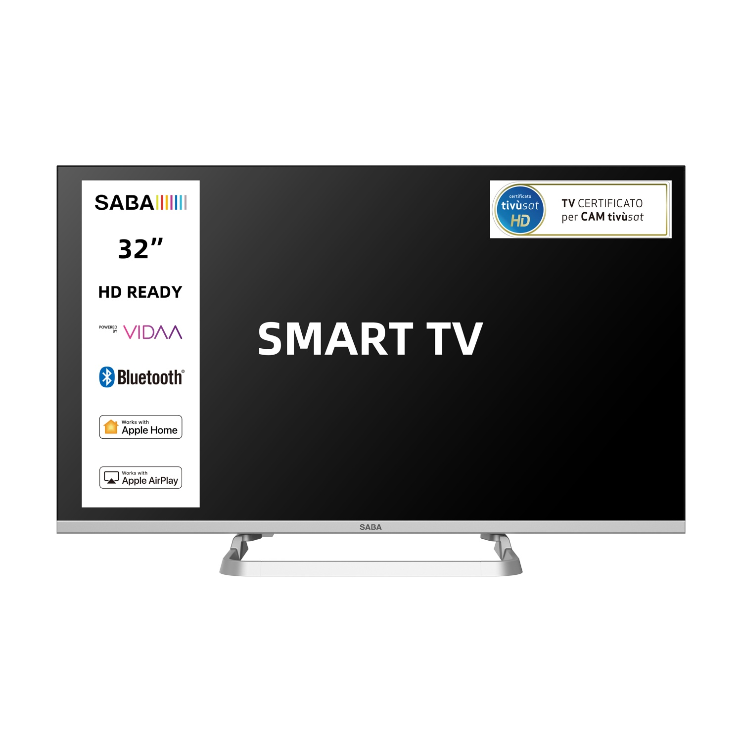 Uno Smart TV SABA da 32 pollici, HD Ready, con Vidaa, Bluetooth, Apple Home e AirPlay.