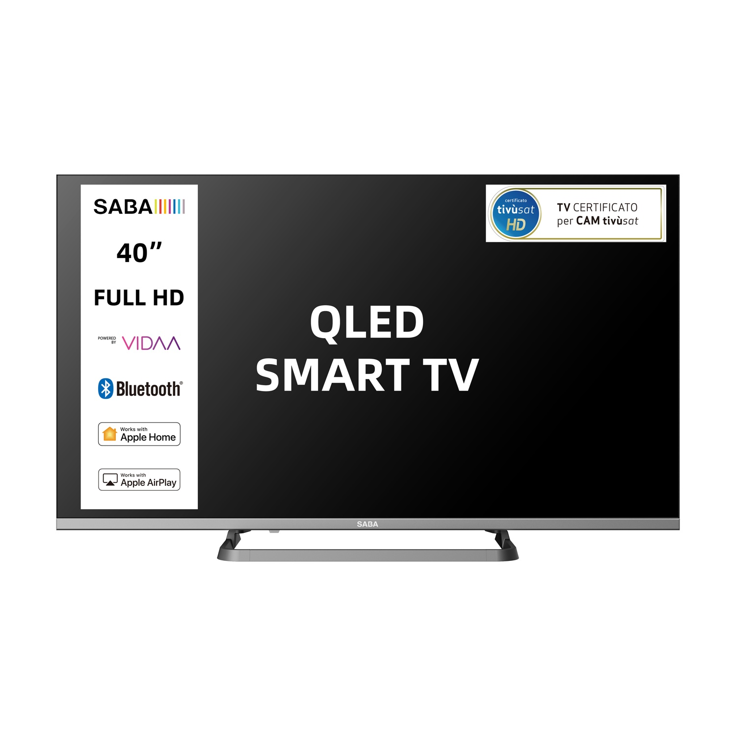 Uno Smart TV QLED SABA da 40 pollici con Full HD, Vidaa, Bluetooth, Apple Home e AirPlay.
