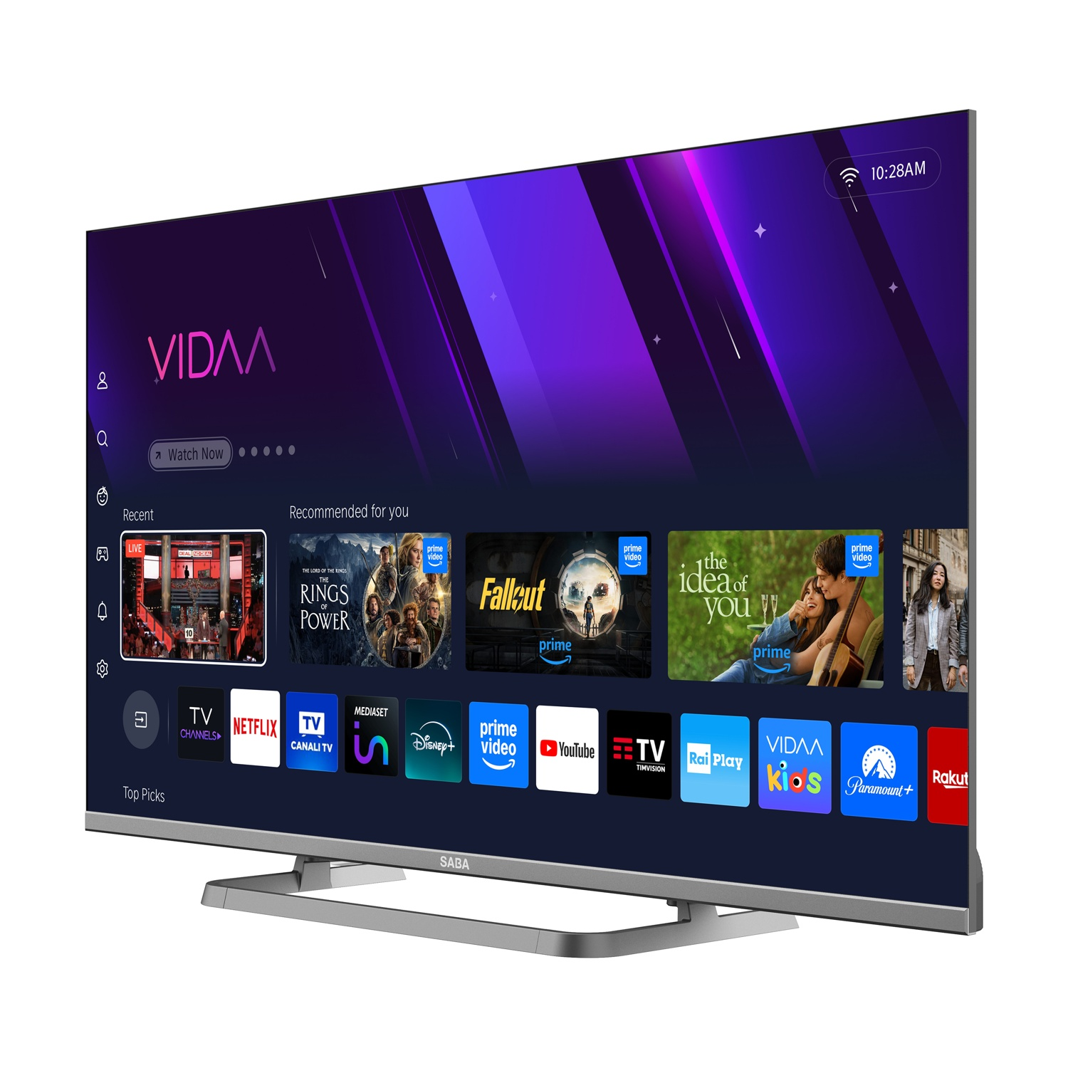 Una TV moderna che mostra l'interfaccia VIDAA, con app come Netflix, Prime Video, Disney+.
