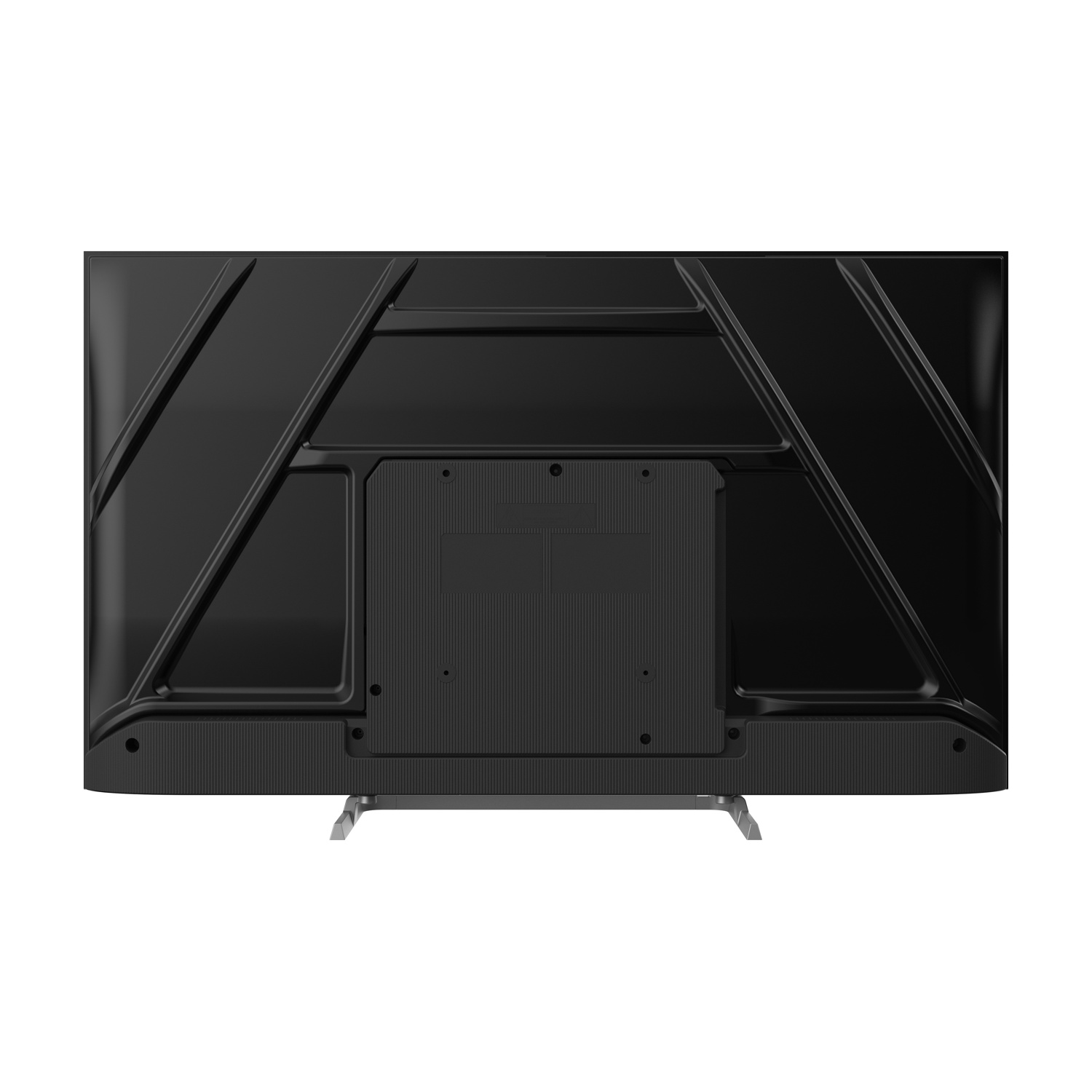 Retro di una TV nera con piedini argentati e pannello scanalato.
