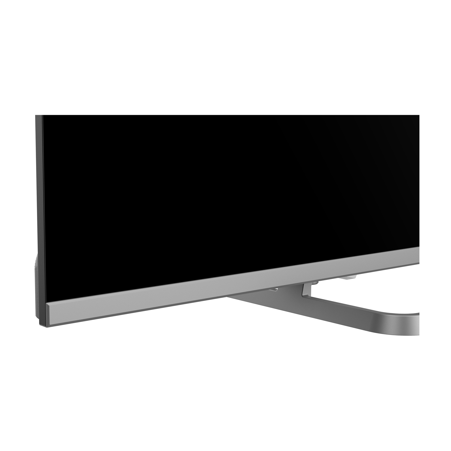 Una TV moderna con schermo nero largo e supporto argentato.