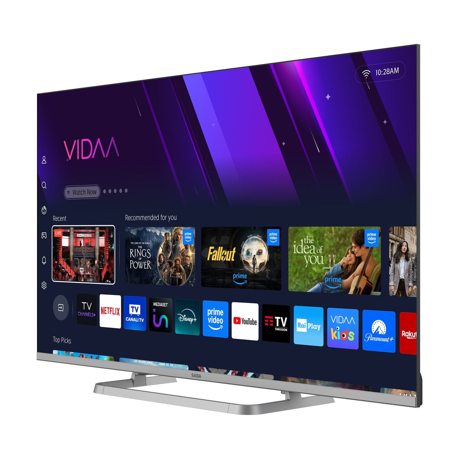 Una TV moderna mostra l'interfaccia Vidaa con icone di app e contenuti consigliati.