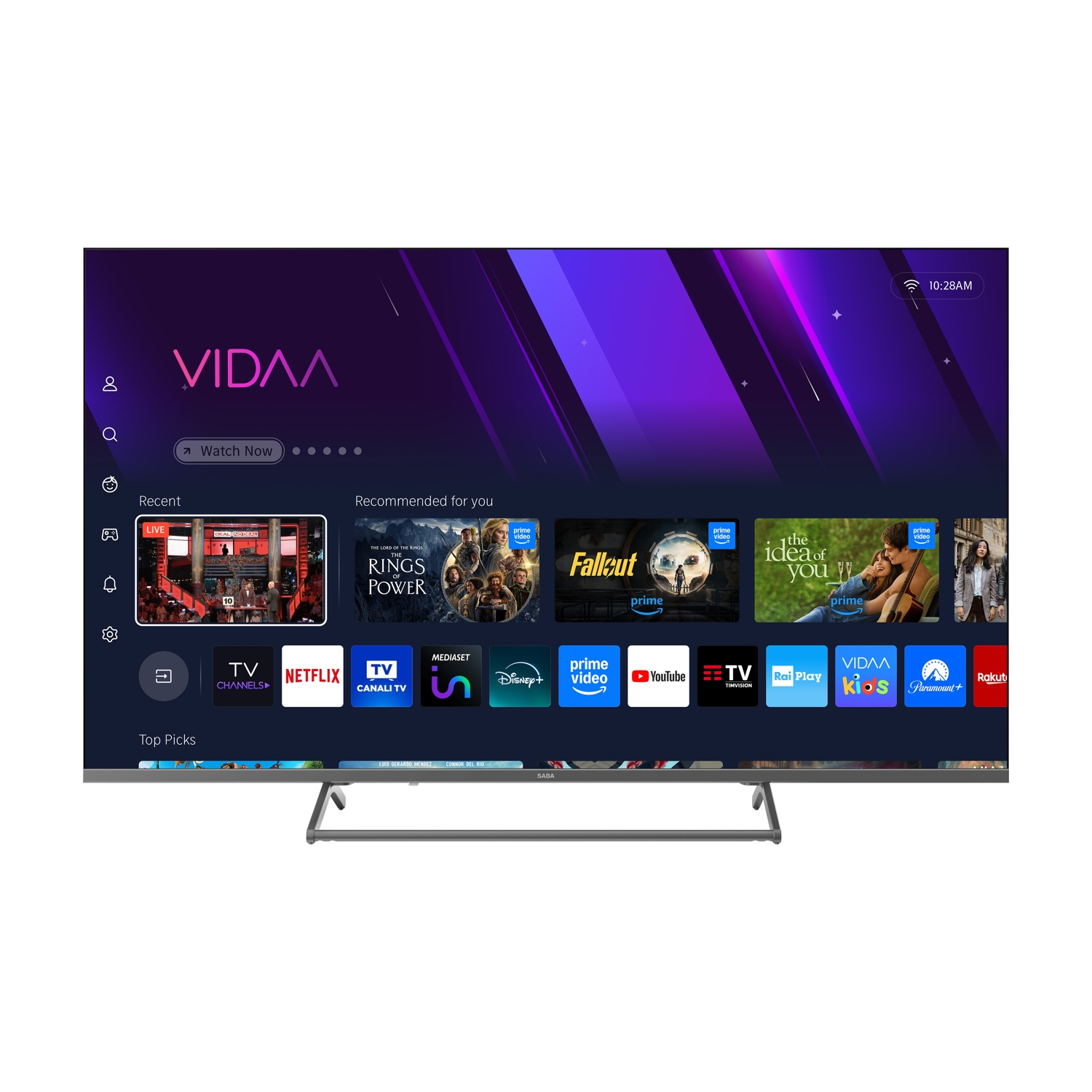 Una TV moderna con il sistema operativo VIDAA che mostra varie icone di app e contenuti.