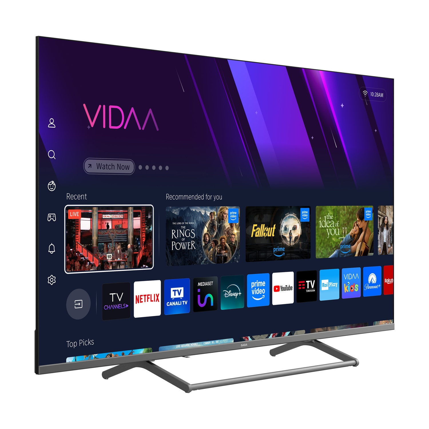 Una moderna smart TV che visualizza un menu colorato con app come Netflix e Prime Video.