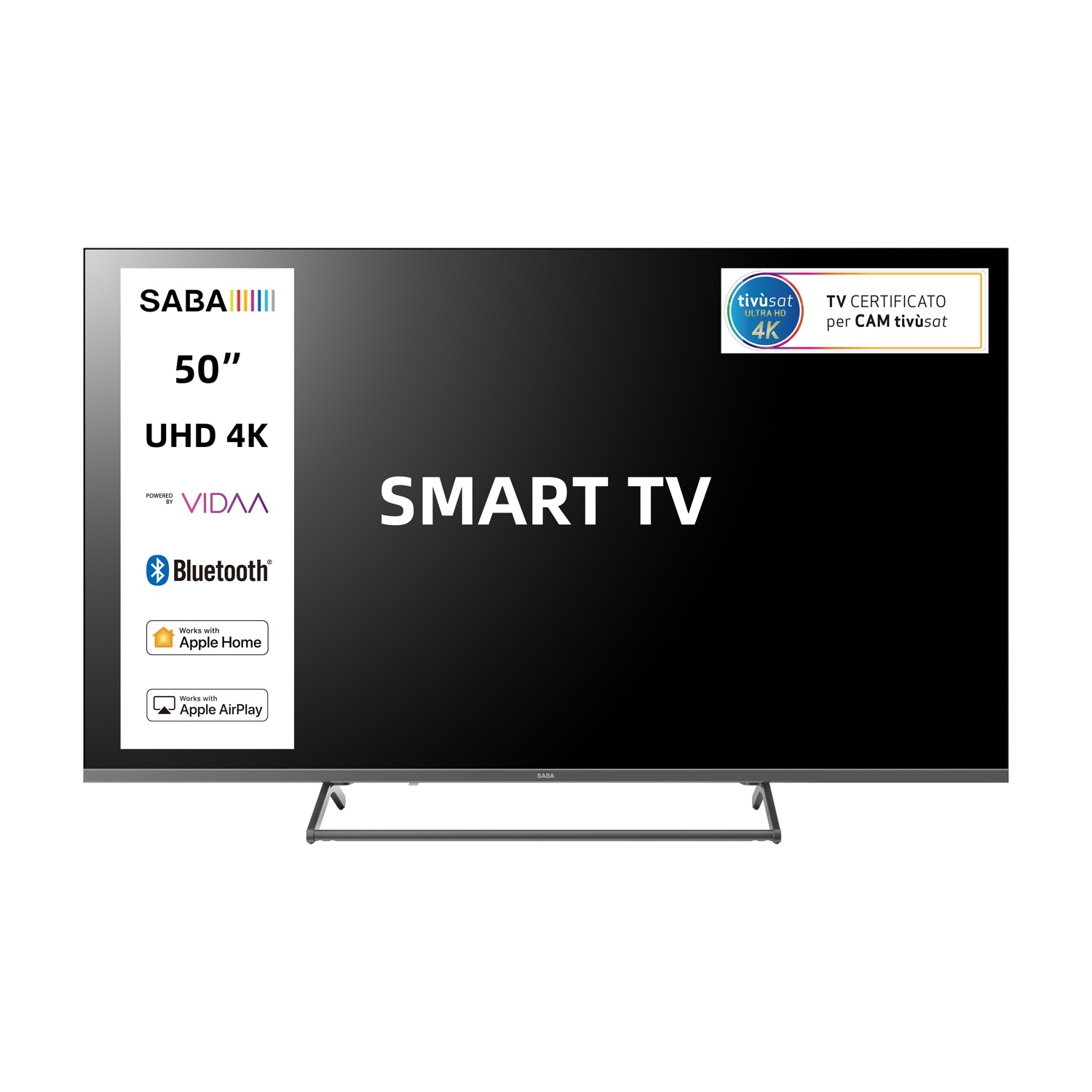 Smart TV 4K SABA da 50" con VIDAA, Bluetooth e Apple Home/AirPlay.