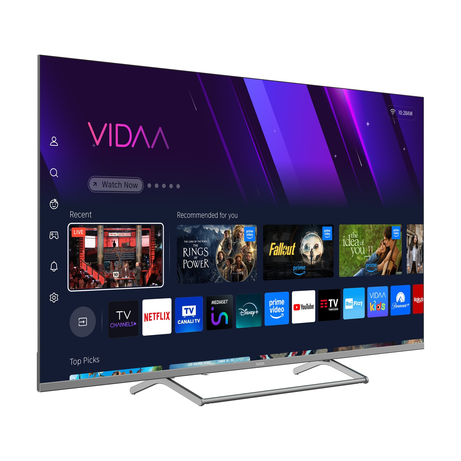 Una TV moderna che mostra l'interfaccia VIDAA OS con varie app di streaming.