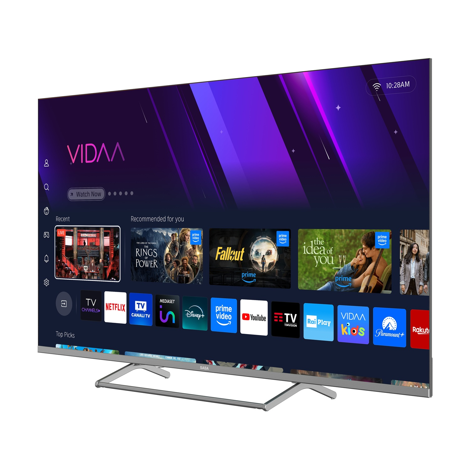 Una TV moderna che mostra un'interfaccia Smart TV con app e contenuti. Supporto argento.