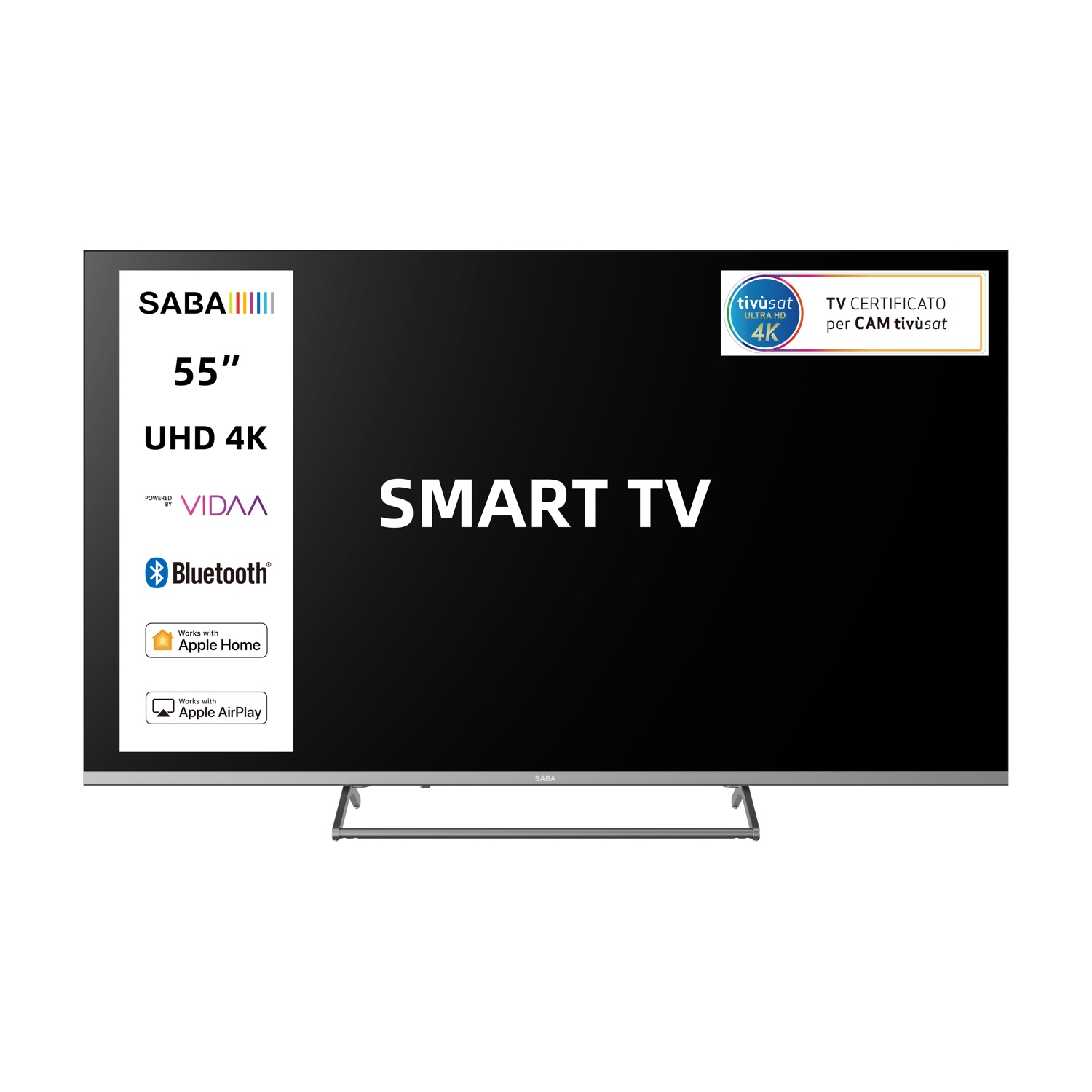 Smart TV SABA UHD 4K da 55" con certificazione tivùsat e funzioni Apple.