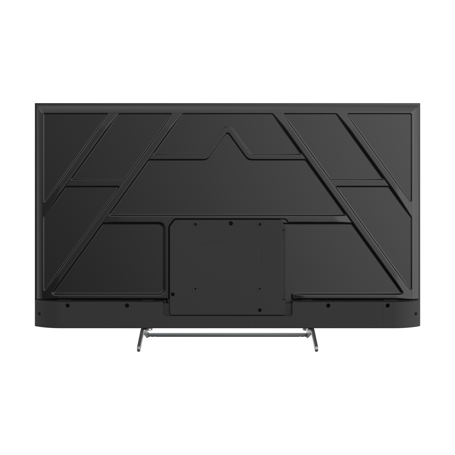 Retro di una TV nera con supporto in metallo. Il retro presenta un motivo a griglia.