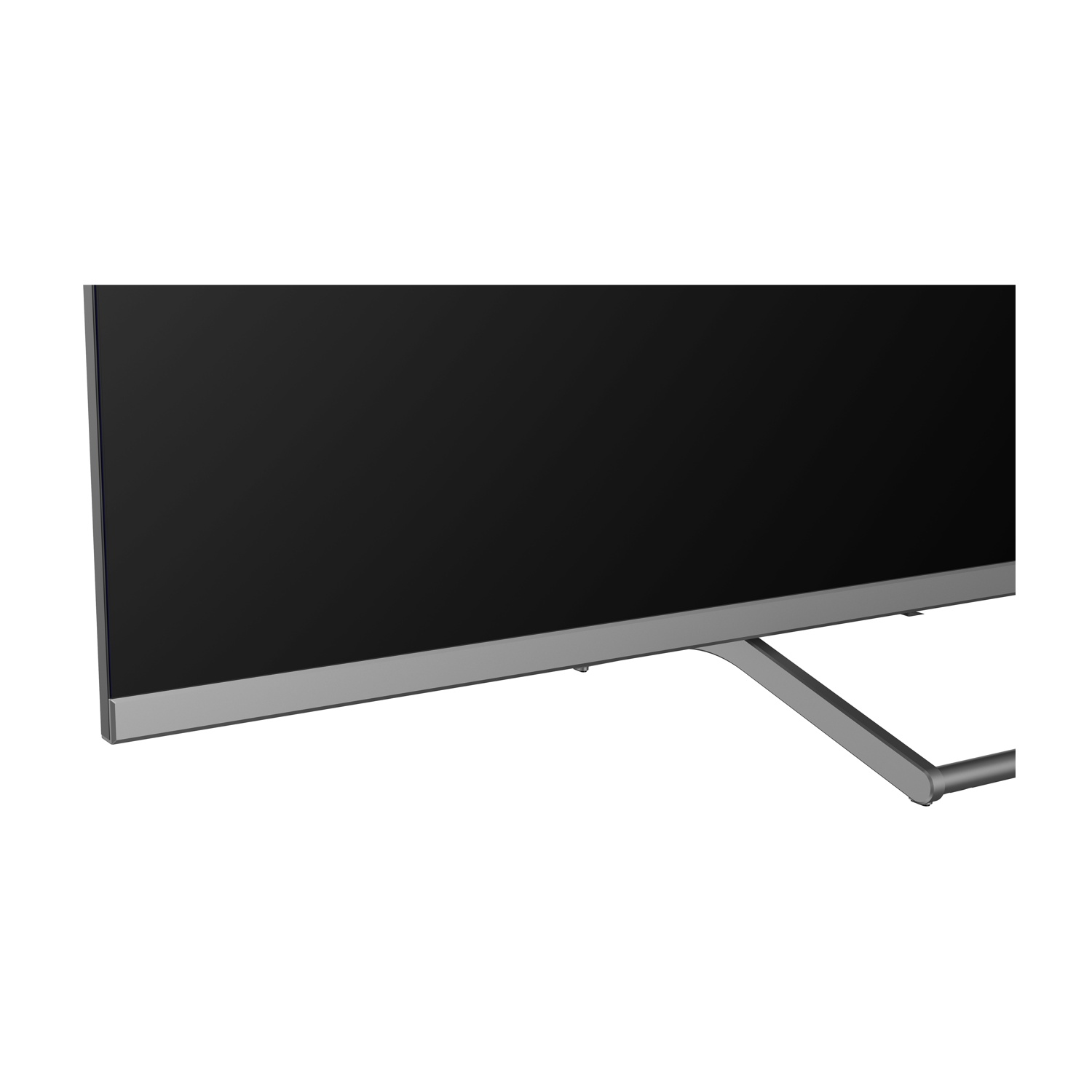Una TV moderna con schermo nero e supporto argento su sfondo bianco.