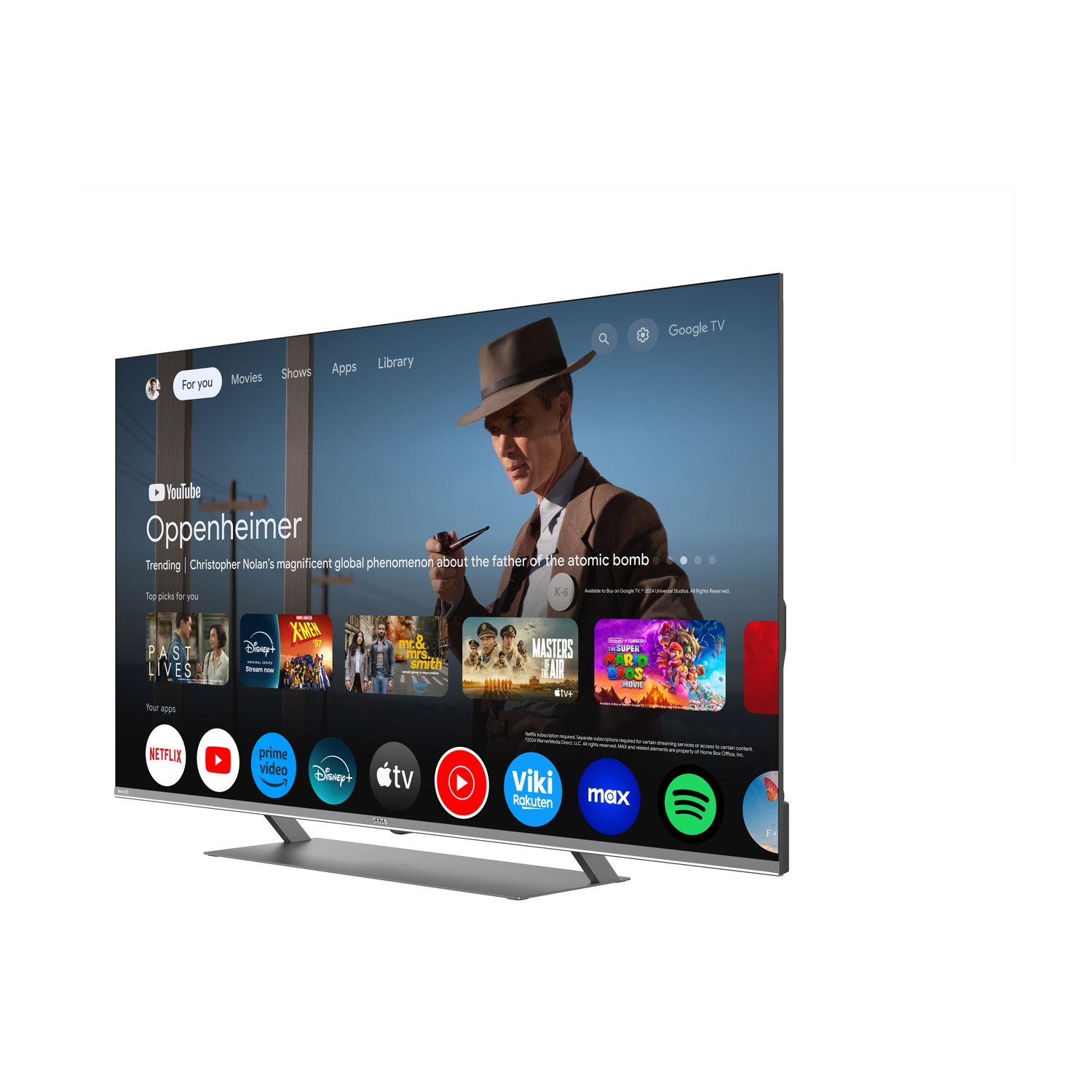 Un televisore moderno che mostra la schermata principale di Google TV, con il film Oppenheimer.