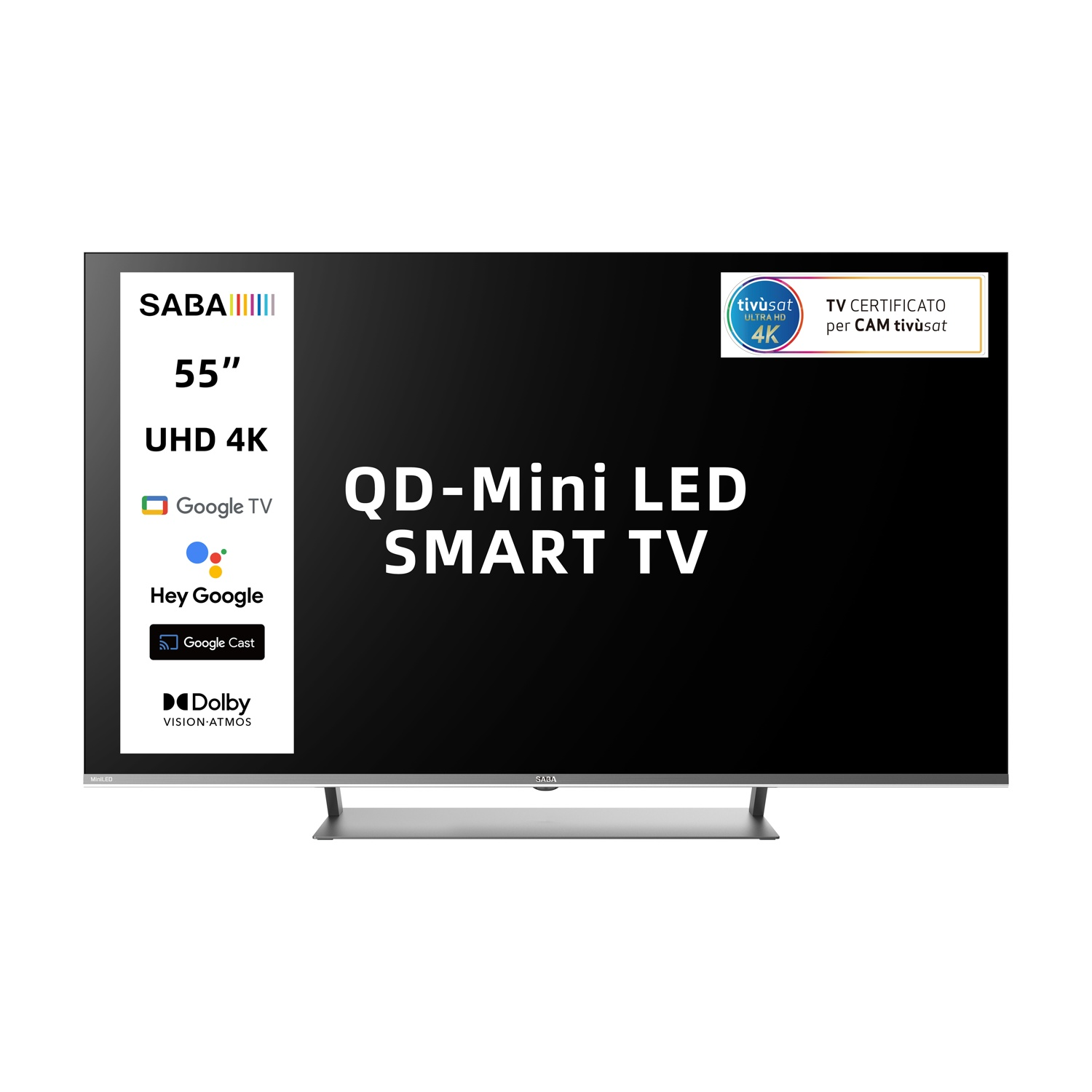 Uno Smart TV SABA Mini LED UHD 4K da 55 pollici con Google TV e Dolby Vision Atmos.