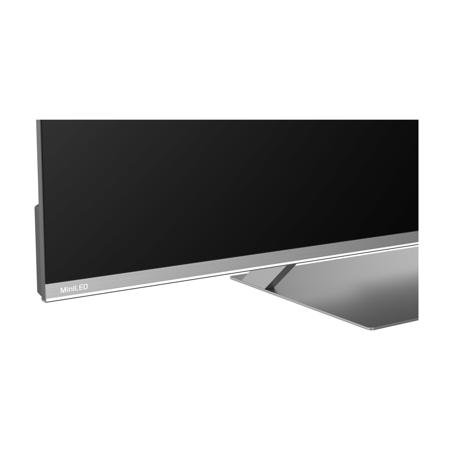 Una TV moderna con cornice sottile e logo MiniLED su un supporto elegante.