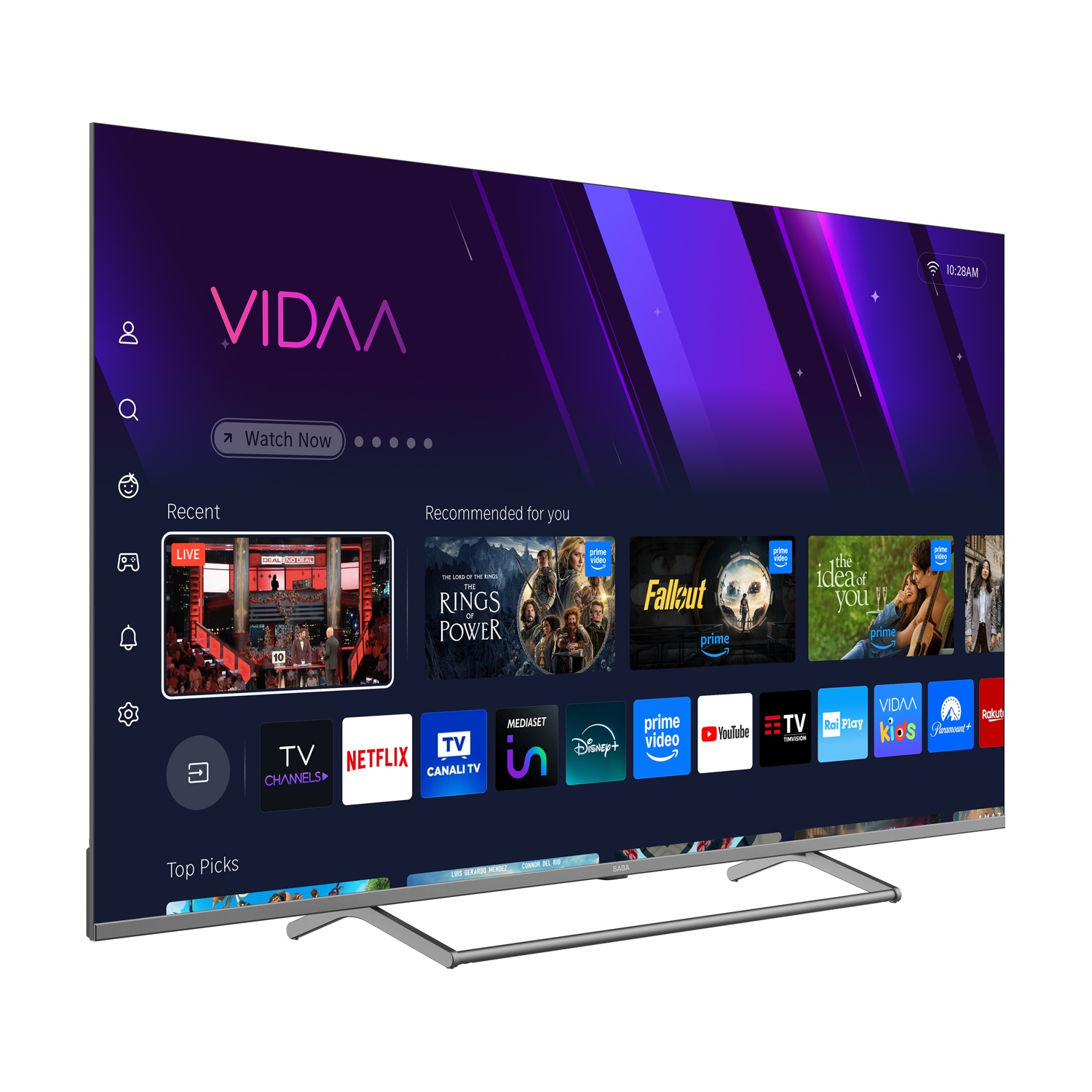 Un televisore moderno che mostra il sistema operativo VIDAA con varie icone di servizi di streaming.