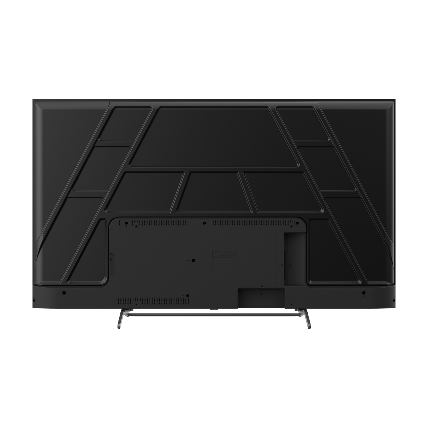 Retro di un televisore nero con supporto metallico e motivo geometrico.
