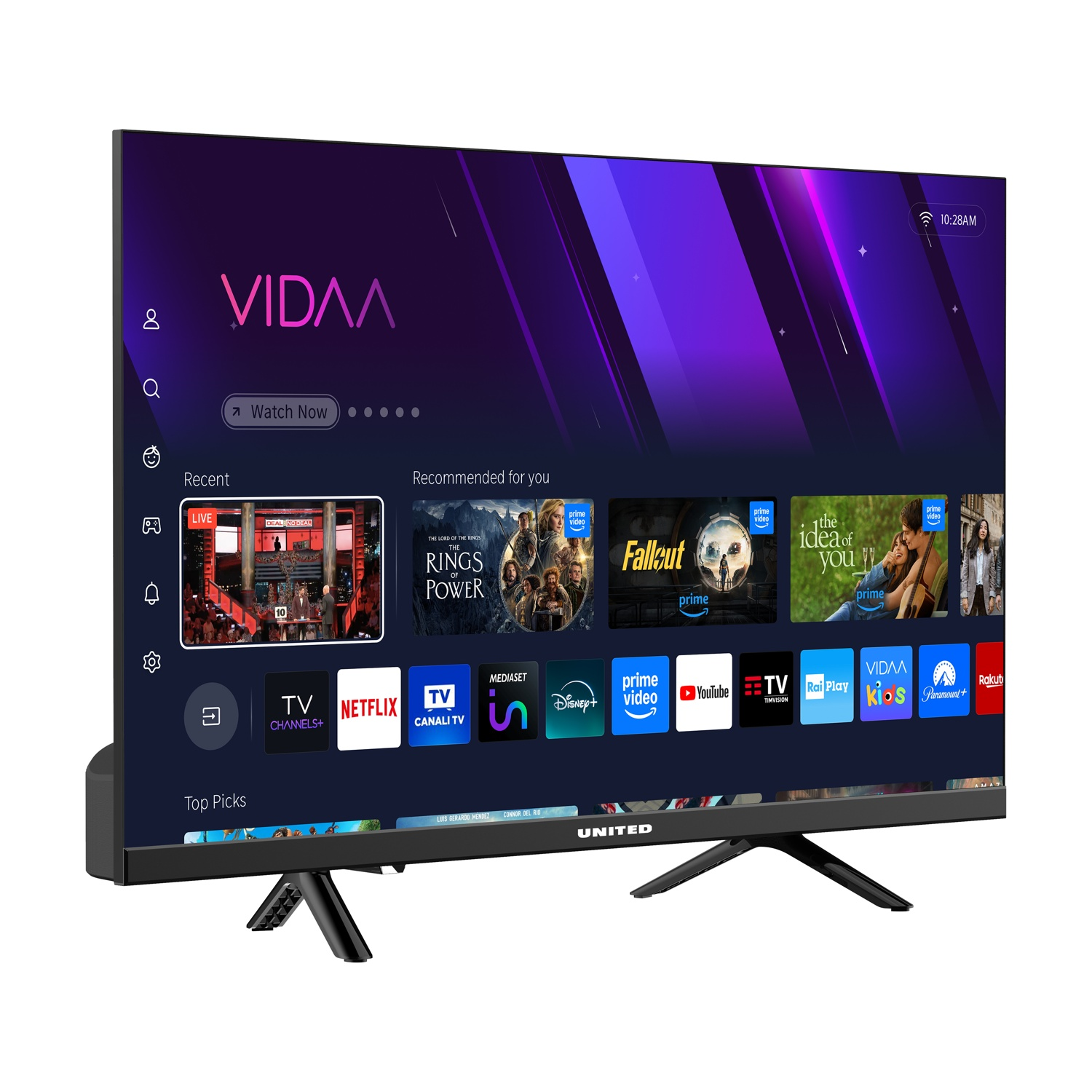 Una TV moderna con interfaccia VIDAA, mostra app come Netflix, Prime Video e Disney+.