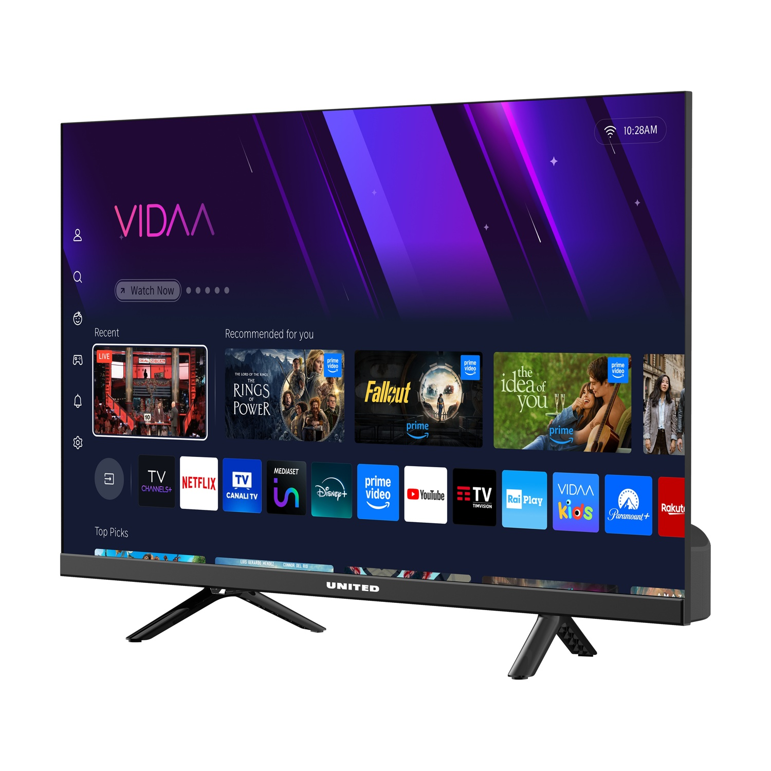 TV moderno con interfaccia VIDAA che mostra app come Netflix, Prime Video e YouTube.