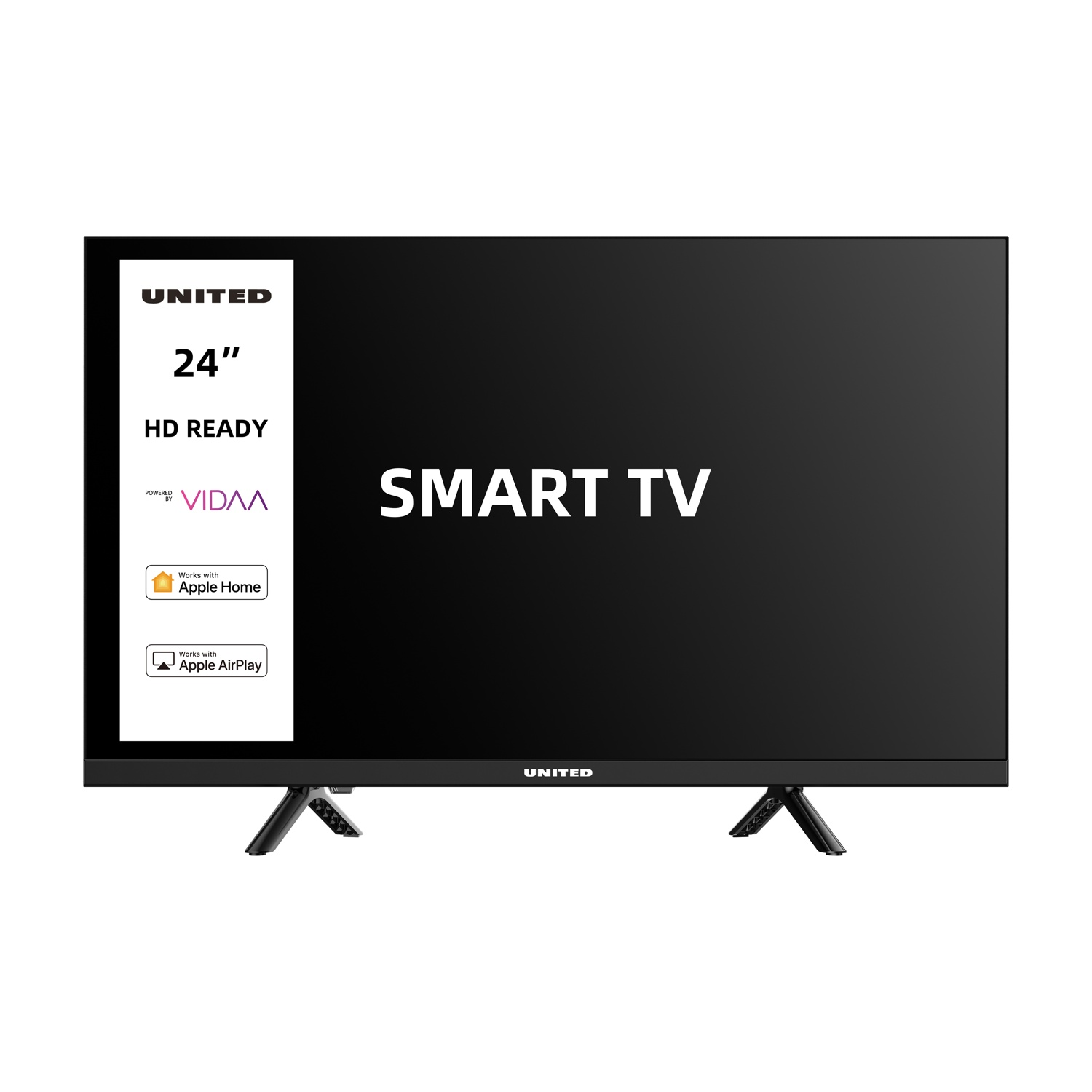 Una Smart TV UNITED nera da 24 pollici, HD Ready, con supporto Apple Home/AirPlay.