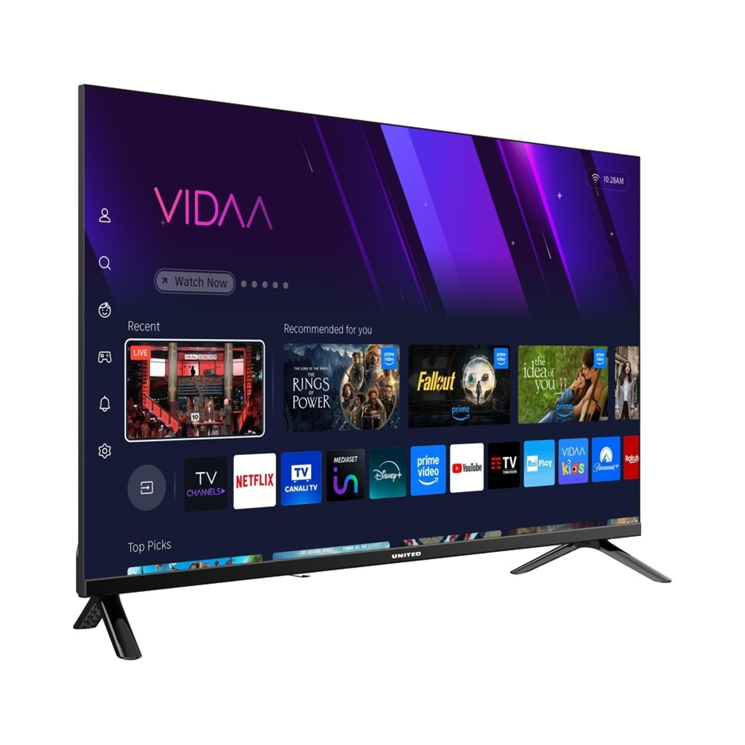 Una TV moderna con interfaccia VIDAA, mostra app come Netflix, Prime Video e YouTube.