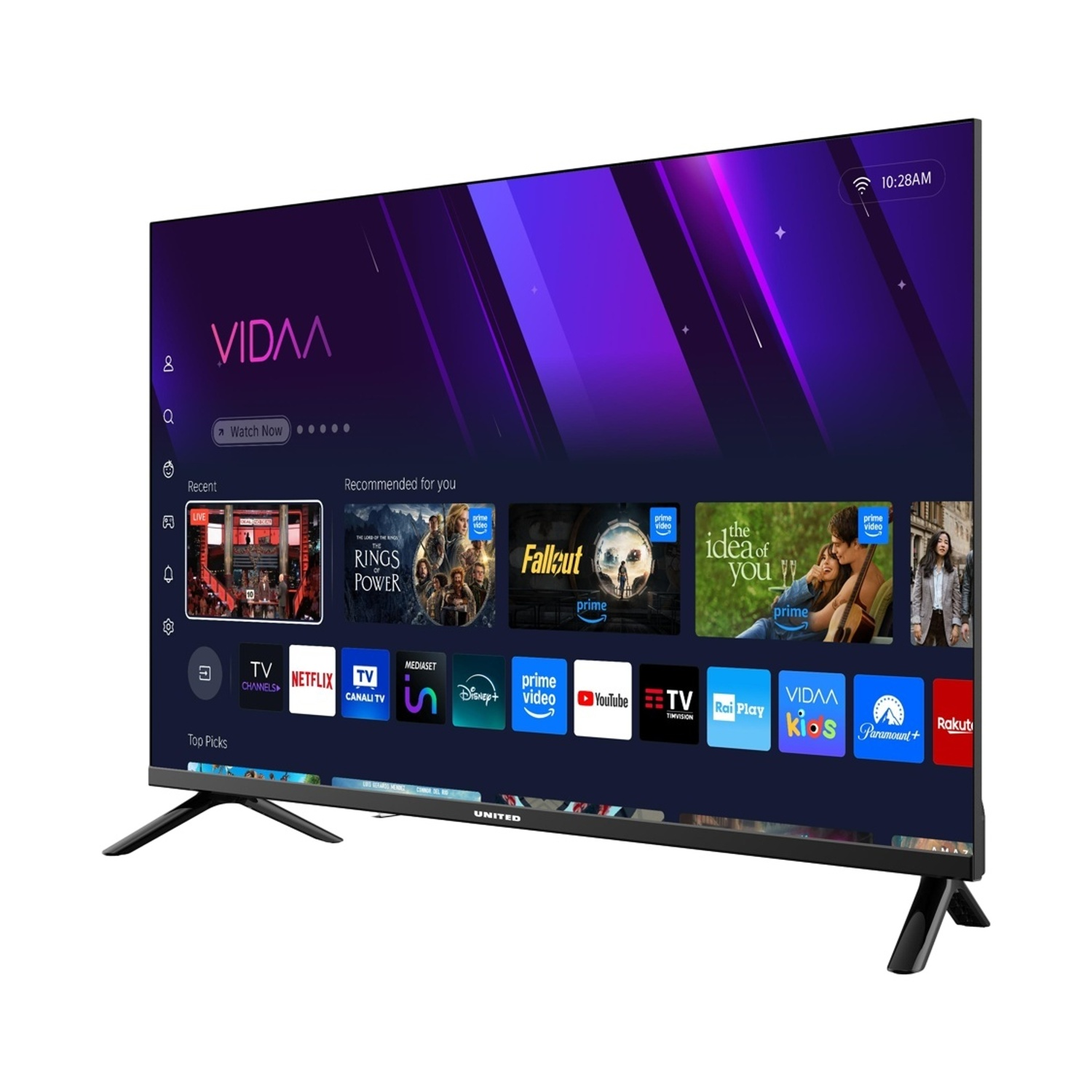Una TV moderna che mostra uno sfondo viola con varie app di streaming.
