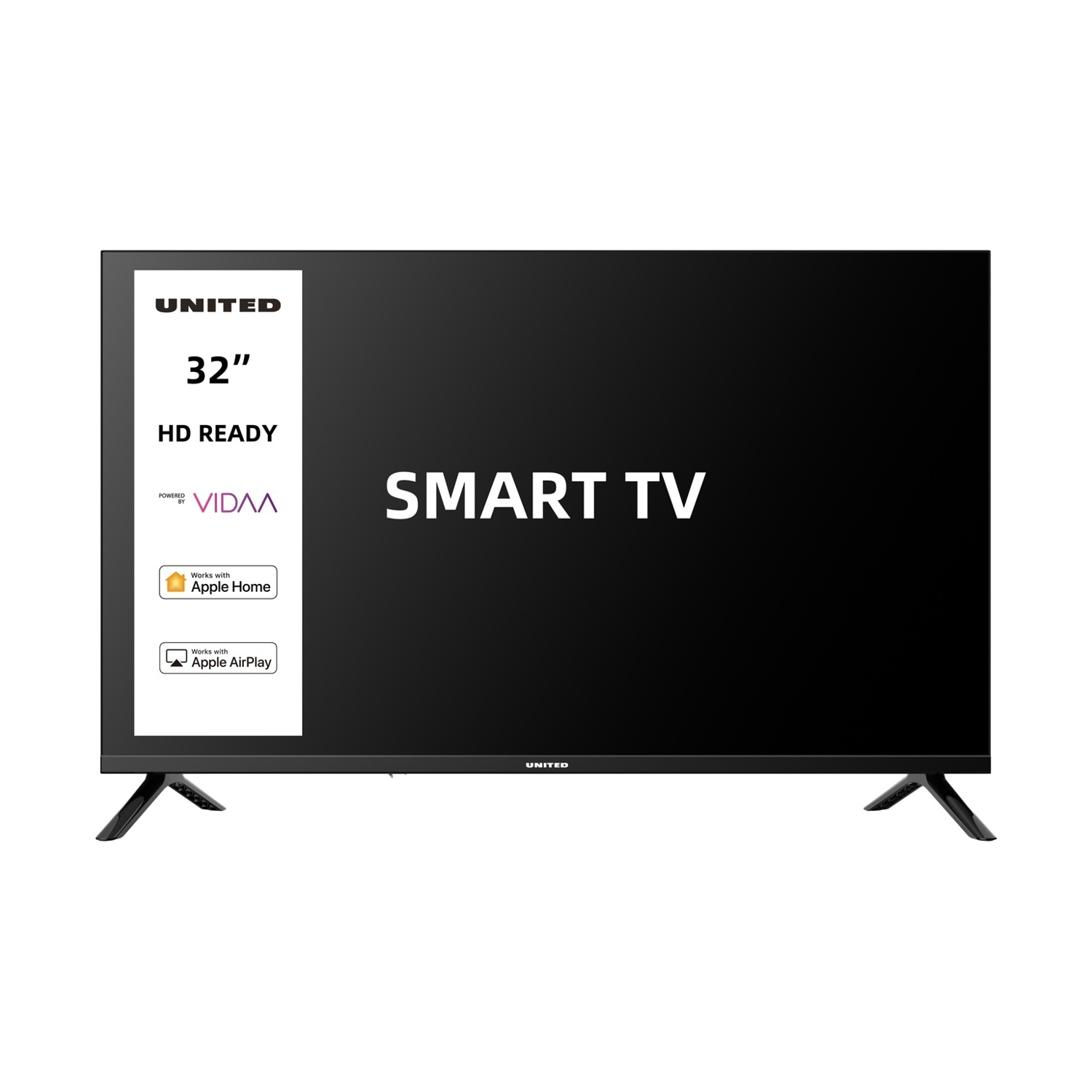 Una Smart TV UNITED nera da 32 pollici, HD Ready, con VIDAA, supporta Apple Home/AirPlay.