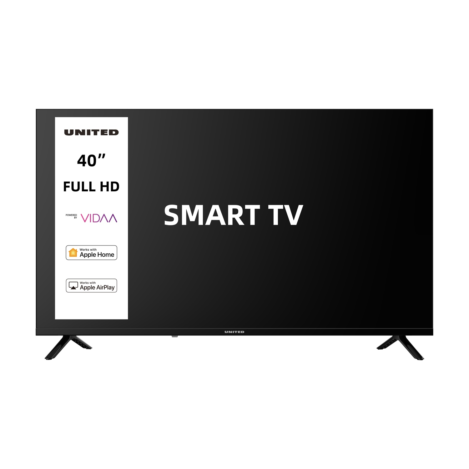 Una Smart TV Full HD nera da 40" di UNITED, con VIDAA, Apple Home e AirPlay.