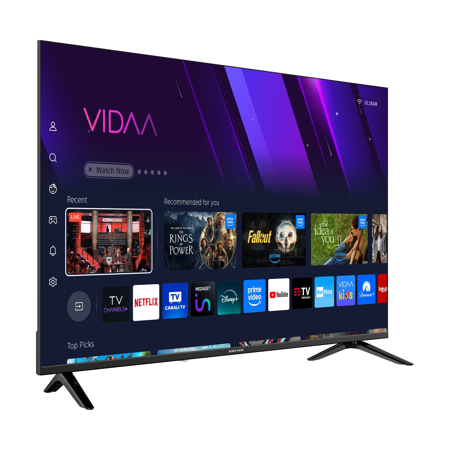 Una TV moderna che mostra un'interfaccia utente con app e spettacoli.