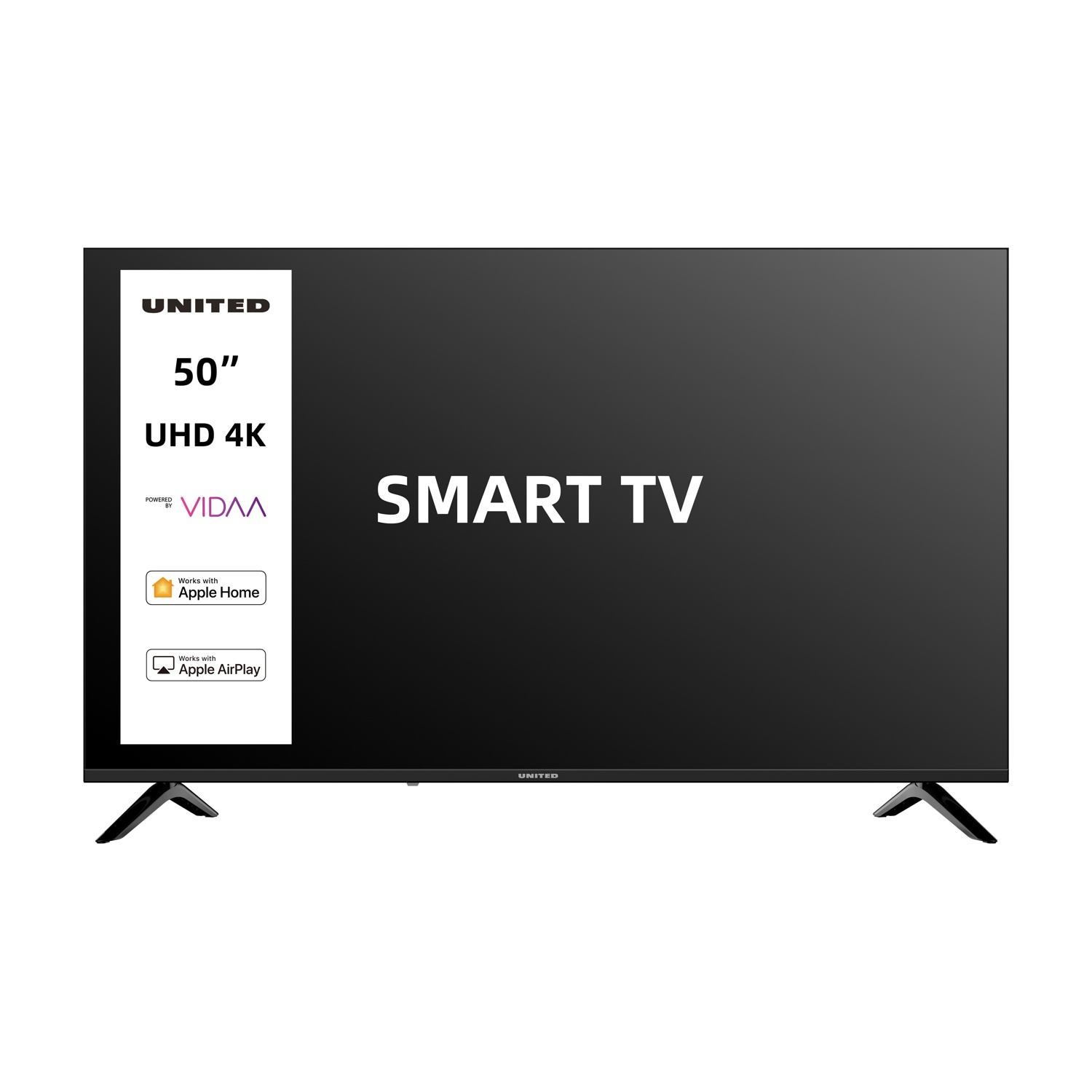 Una Smart TV UNITED nera da 50 pollici 4K UHD, con VIDAA.