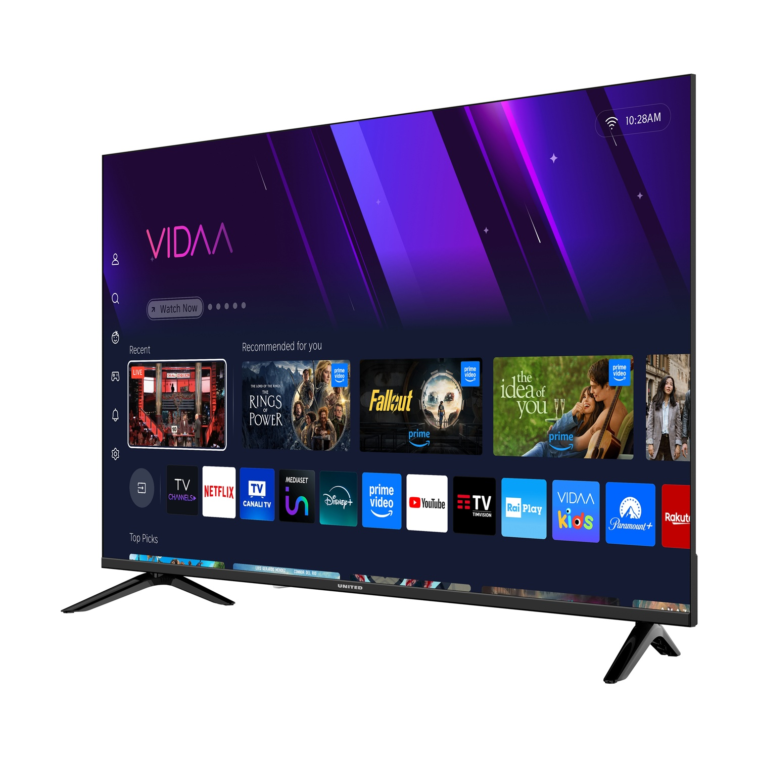Una TV moderna mostra un'interfaccia con icone di app e suggerimenti di film.
