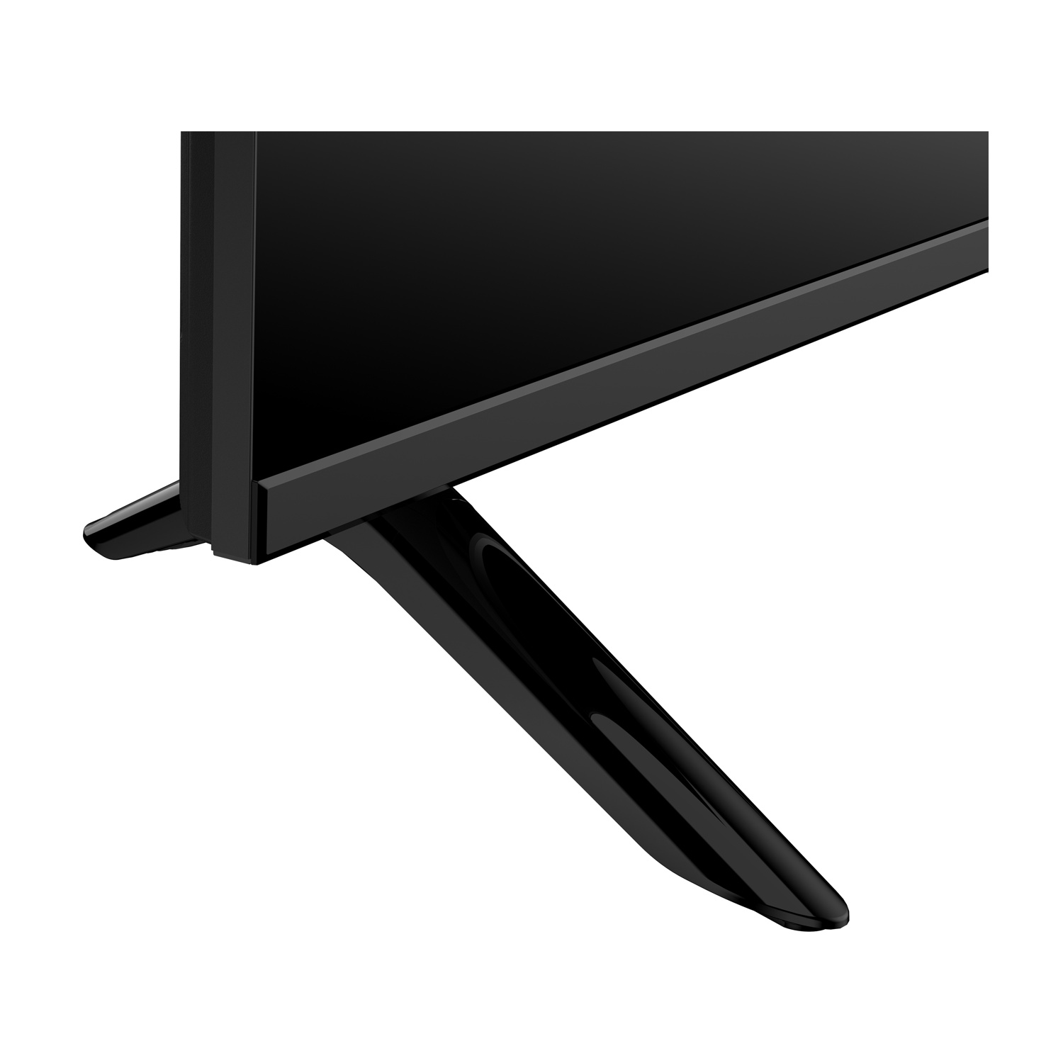 Primo piano di uno schermo TV nero e di un supporto.