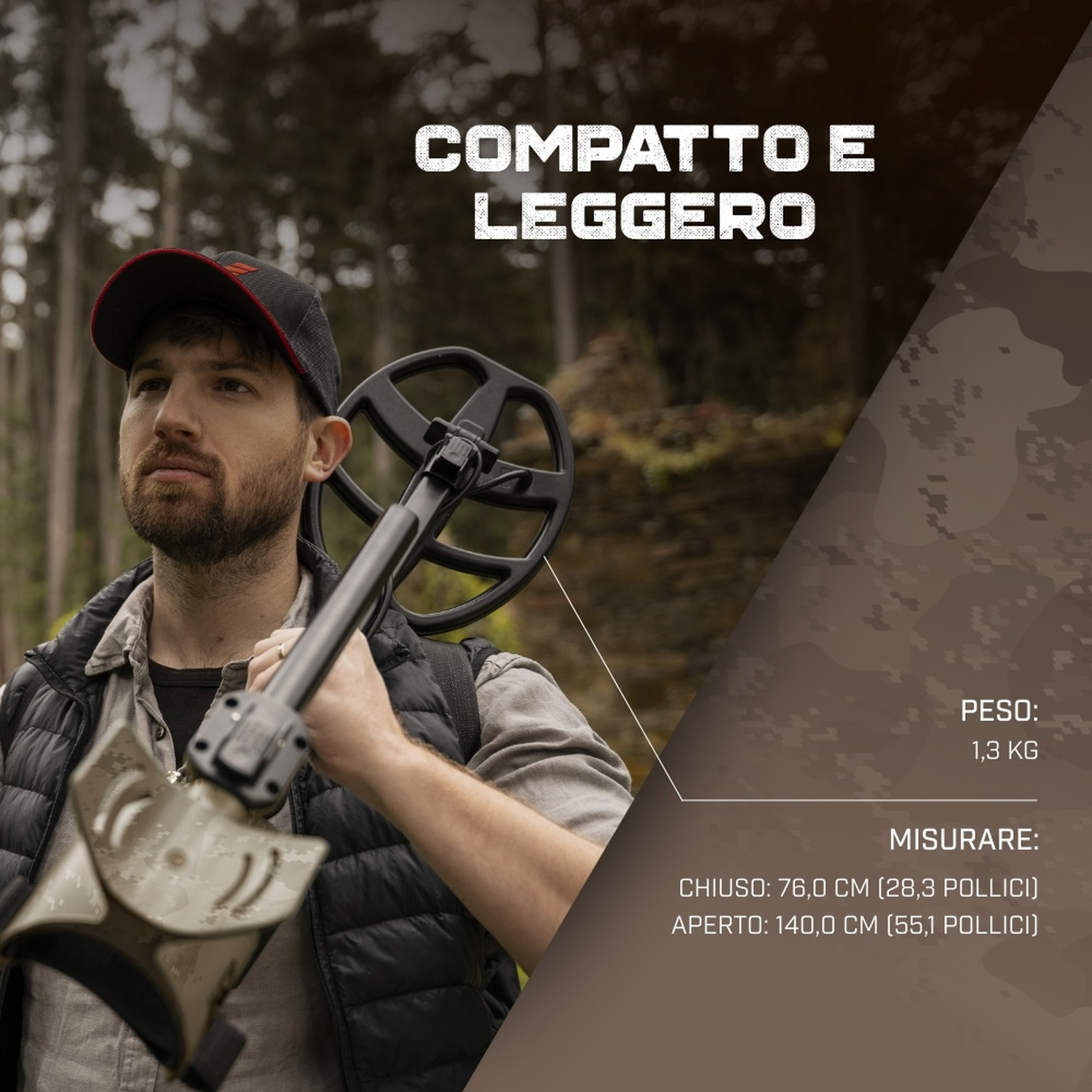 Uomo in bosco con metal detector, peso 1,3 kg, lungh. 76/140 cm.