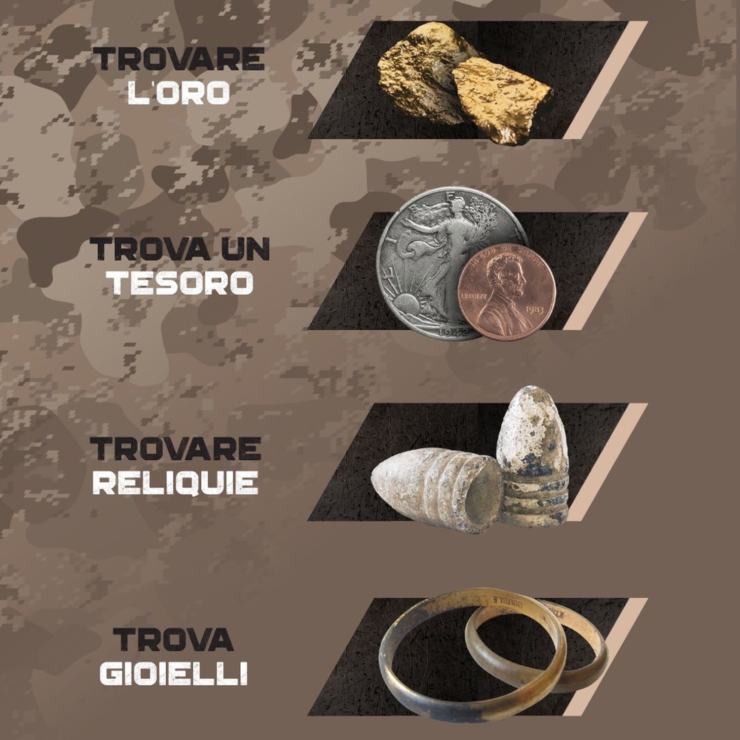 Pepite d'oro, monete, bossoli e anelli su sfondo mimetico.