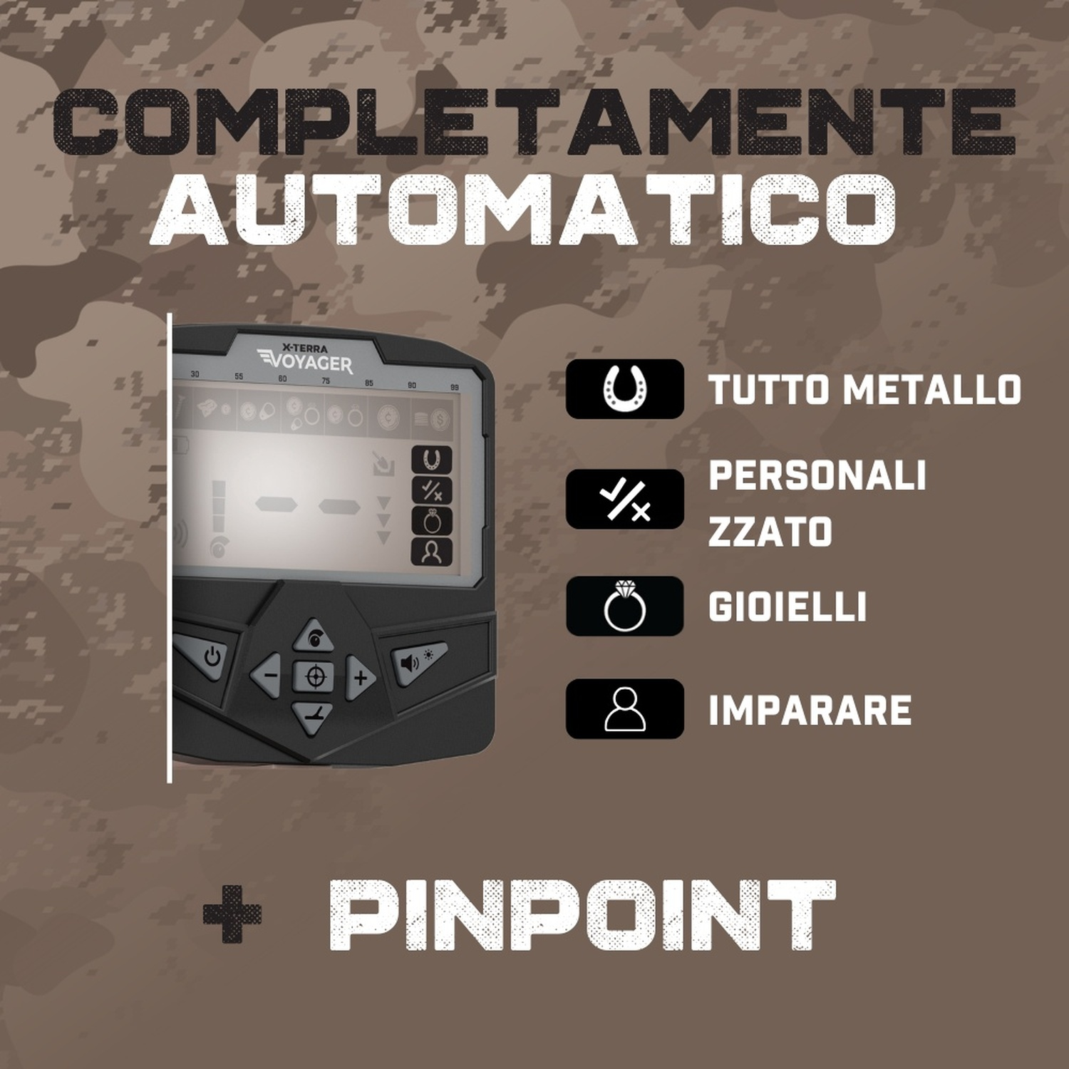 Un metal detector con schermo e icone per varie modalità.