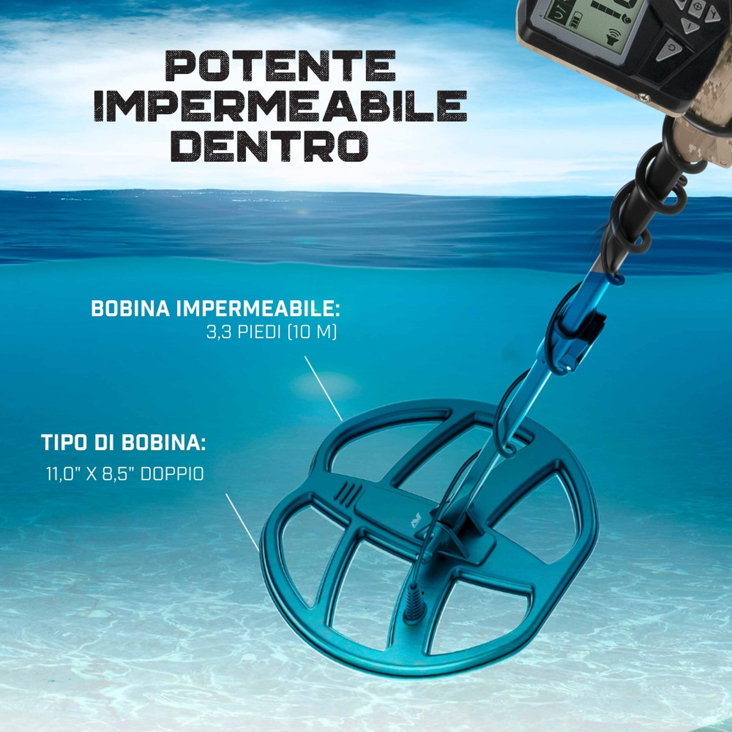 Un metal detector subacqueo con bobina blu e display digitale in acqua limpida.