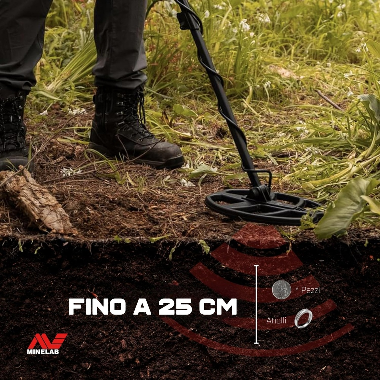 Persona in abiti neri e stivali usa un metal detector in un terreno erboso.
