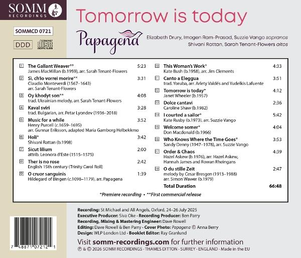 CD-Cover mit Titel 'Tomorrow is today' und Trackliste von Papagena.