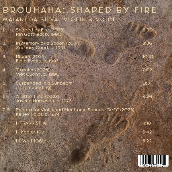 Albumcover mit Trackliste für Brouhaha: Shaped by Fire. Fußabdrücke im Sand.