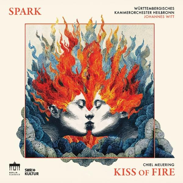Zwei Gesichter küssen sich, ihre Haare sind Flammen. "Kiss of Fire"