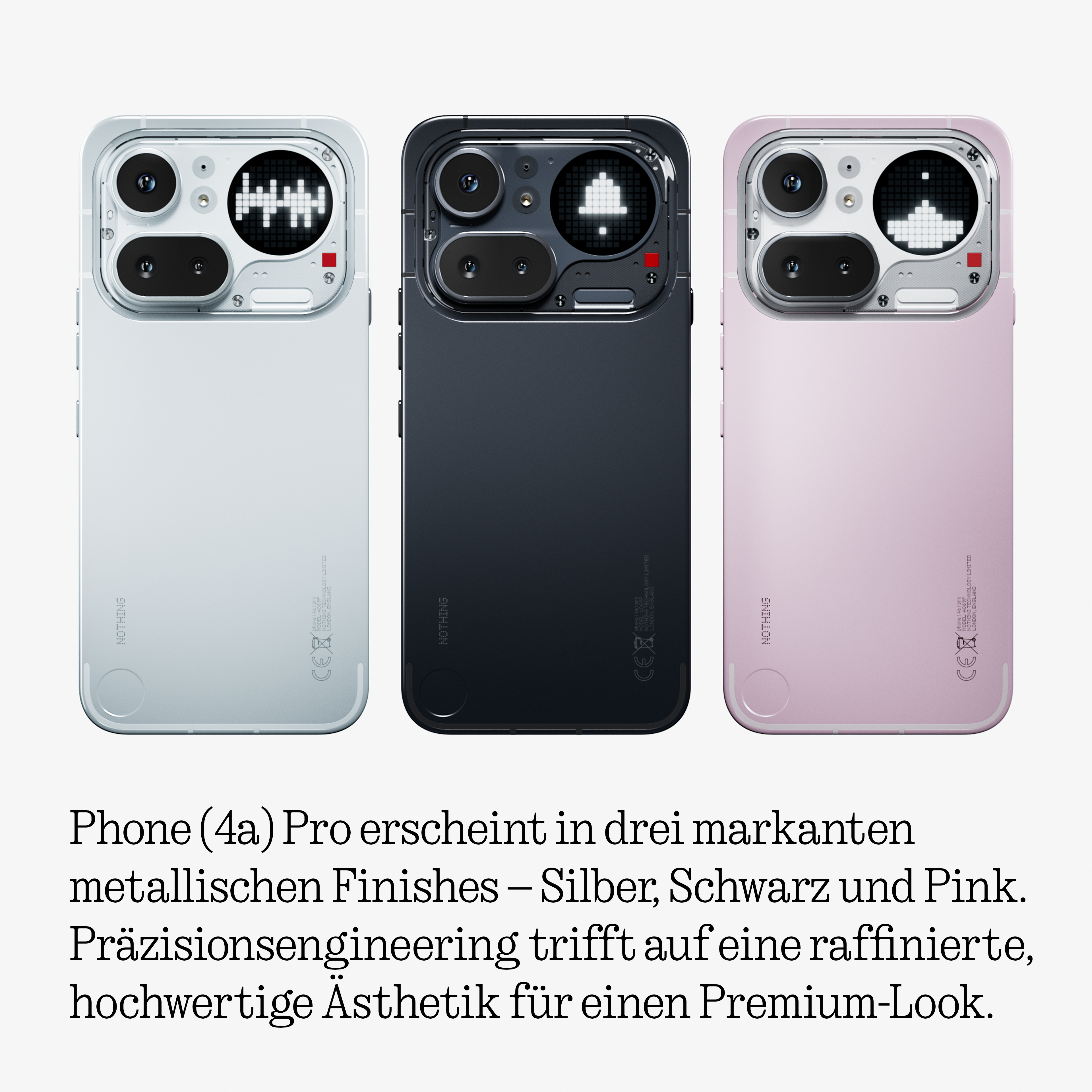 Trois Nothing Phone (4a) Pro en argent, noir et rose côte à côte.
