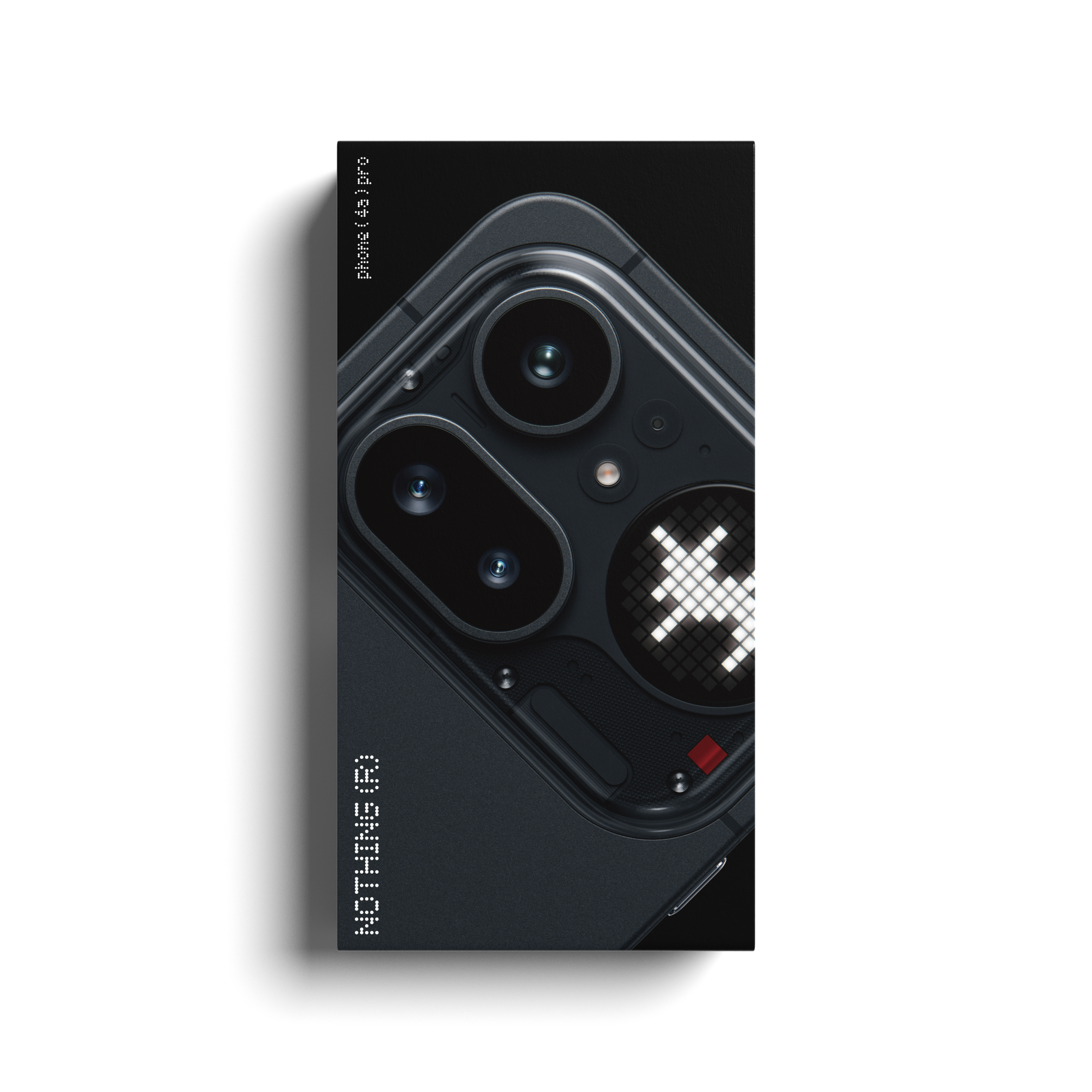 Vue arrière d'un smartphone noir avec deux caméras et un symbole lumineux.