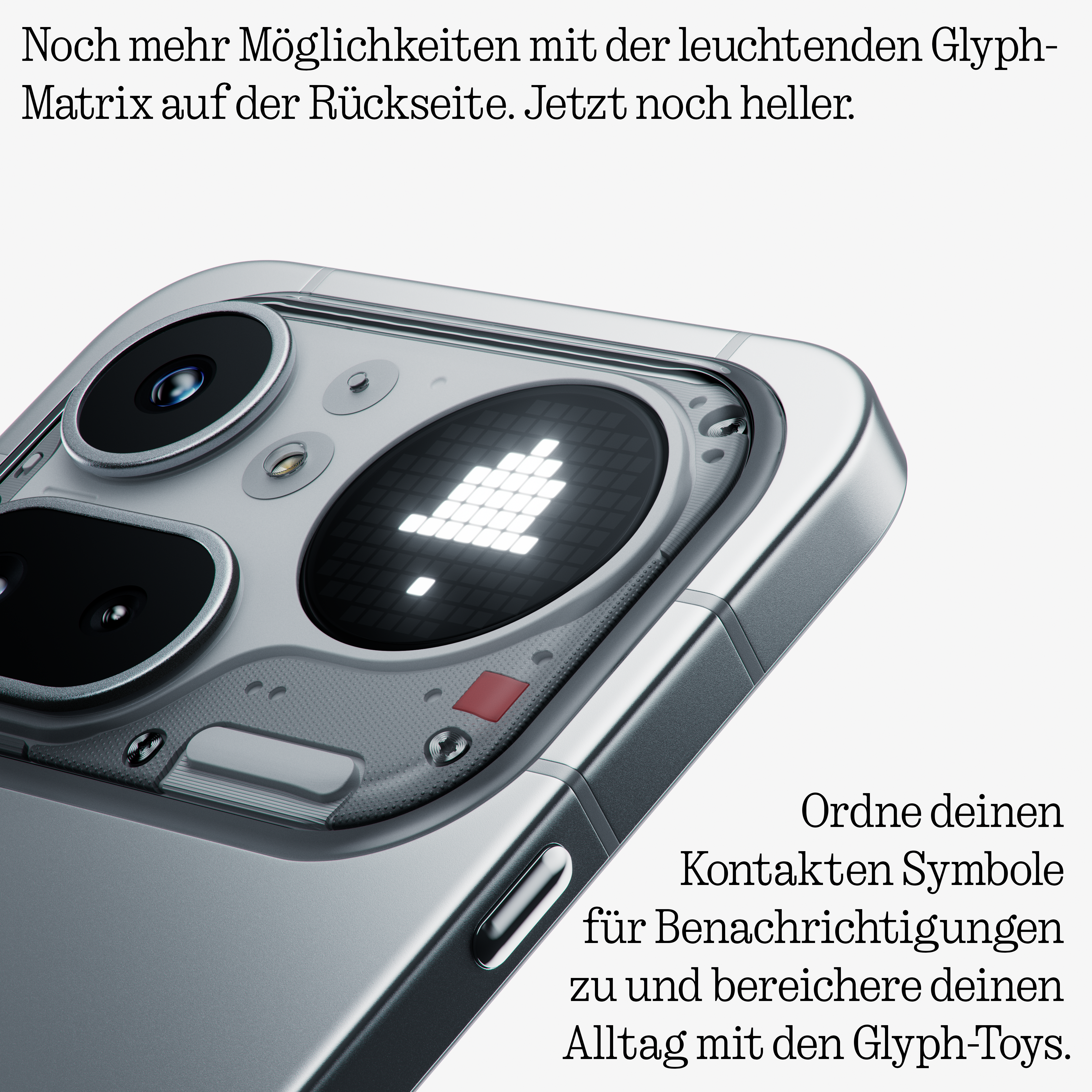 Rückseite eines Smartphones mit leuchtender Glyph-Matrix und Kamera. Heller als zuvor.