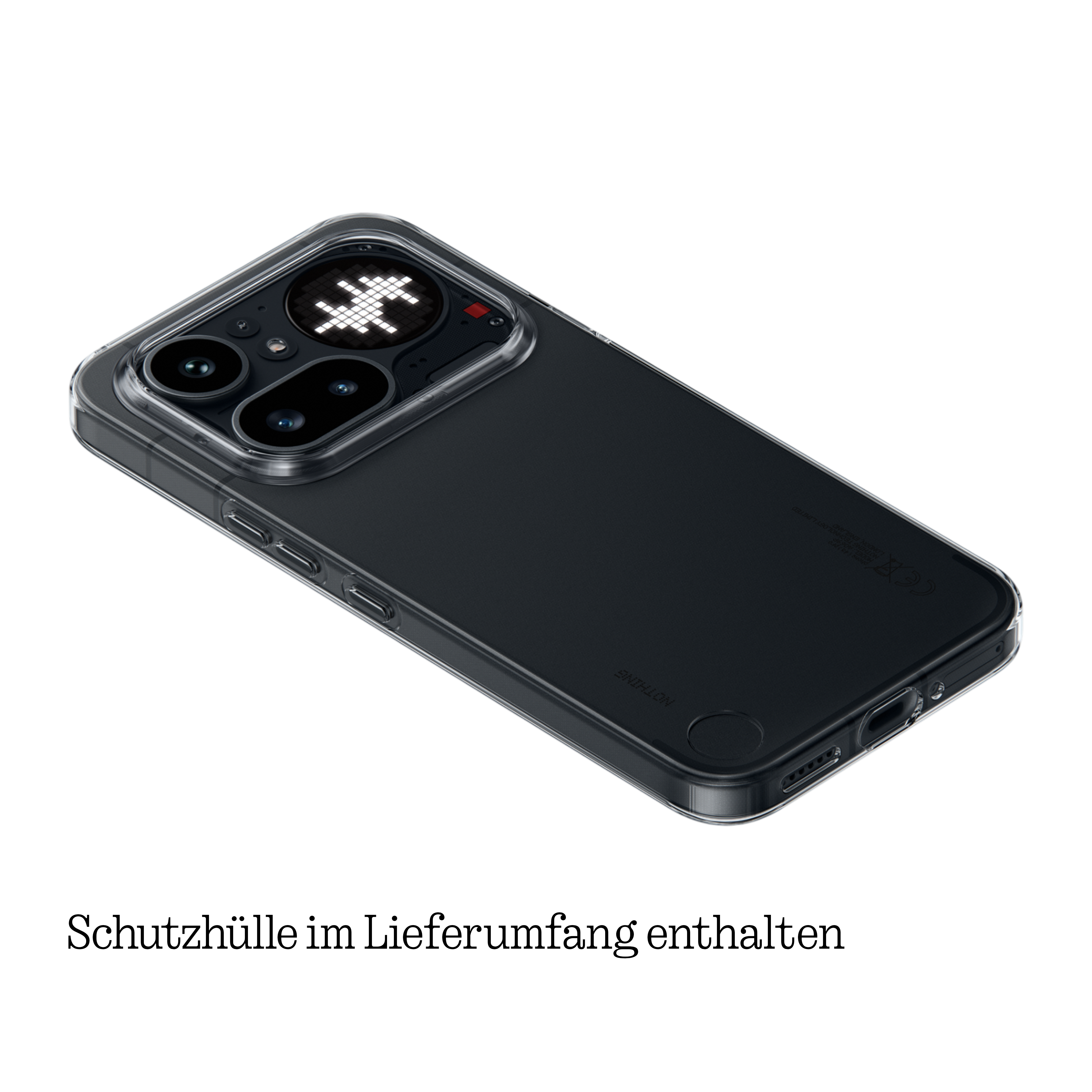 Transparente Schutzhülle mit Kameralinsen und Glyph-Interface.