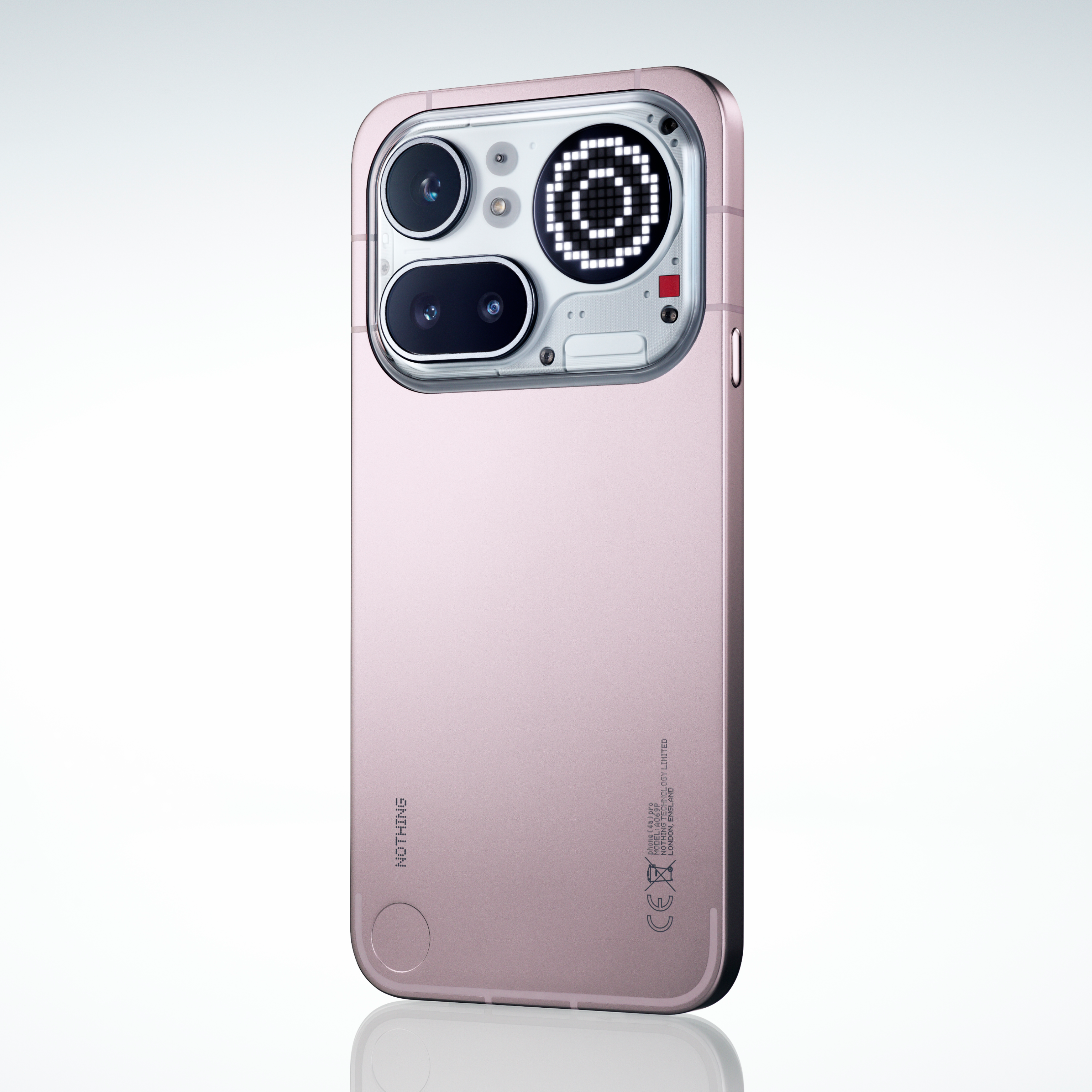 Rückseite eines rosafarbenen Nothing Phone mit Kamera und LED-Matrix.