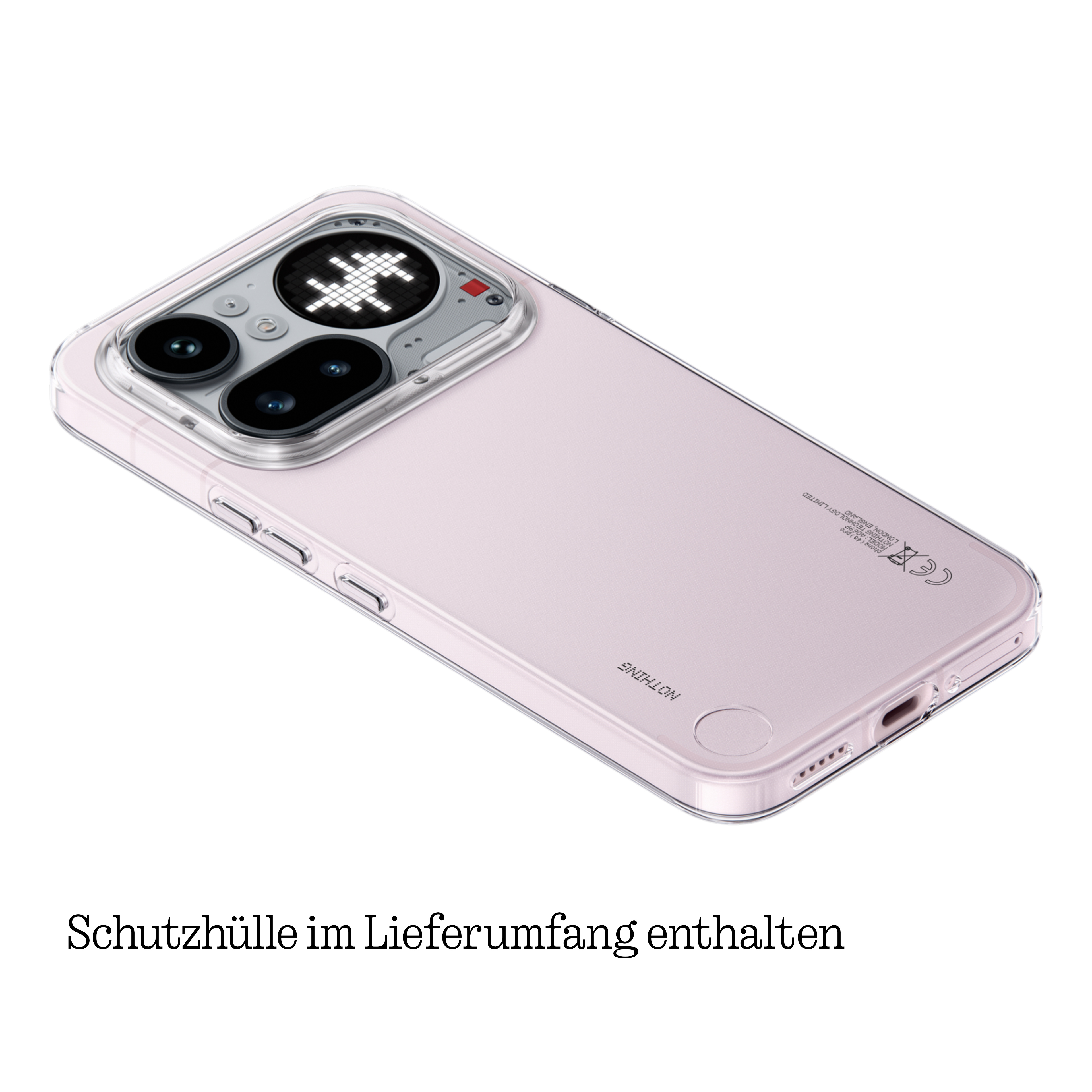Transparente Schutzhülle für ein Smartphone mit Kameras und Logo.