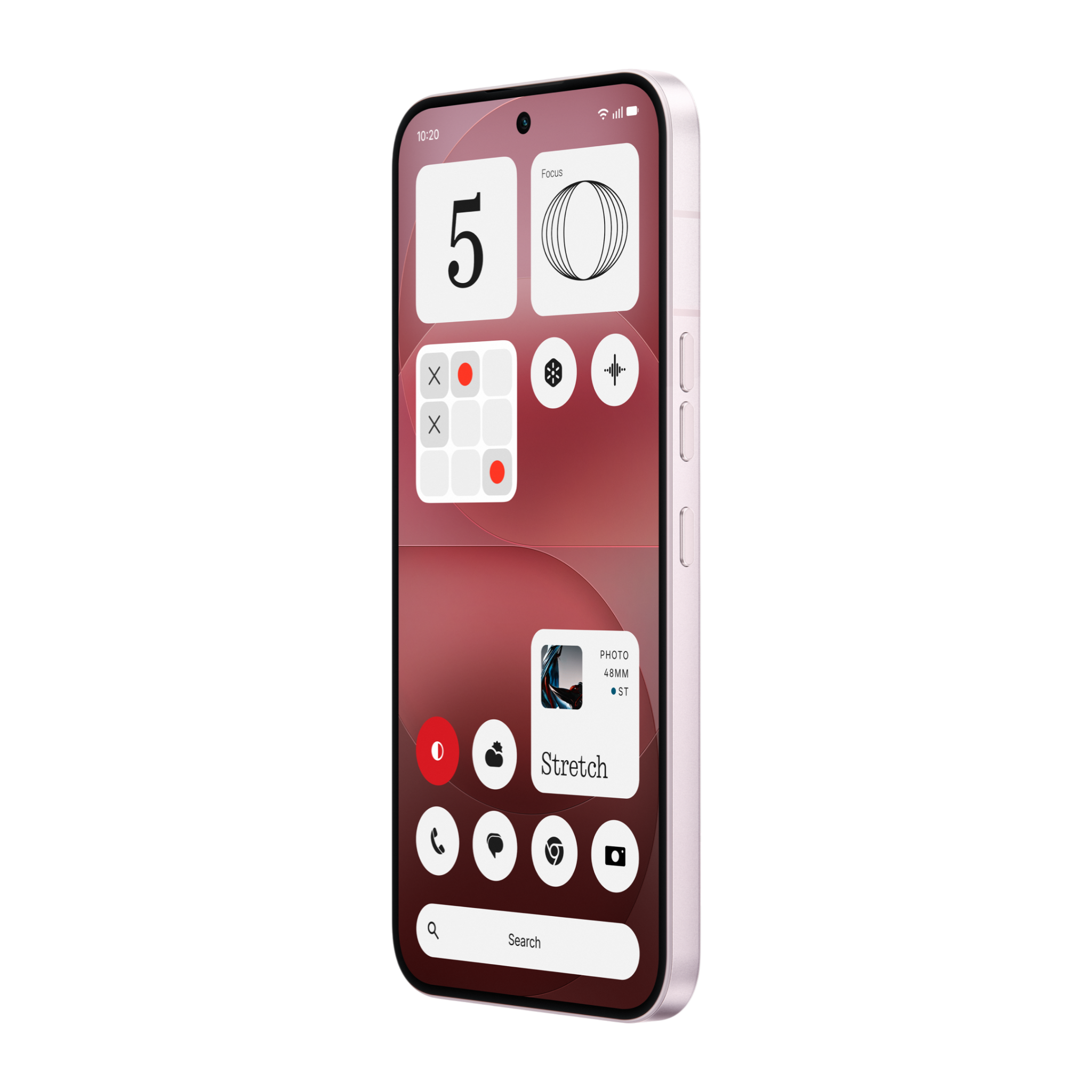 Ein Smartphone mit einem roten Hintergrund zeigt Widgets und App-Symbole. Das Display ist leicht nach links geneigt.